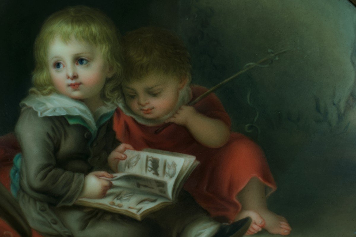Old Painting Portrait Of Children Reading Porcelain Plaque Vogel Kpm Berlin-photo-2