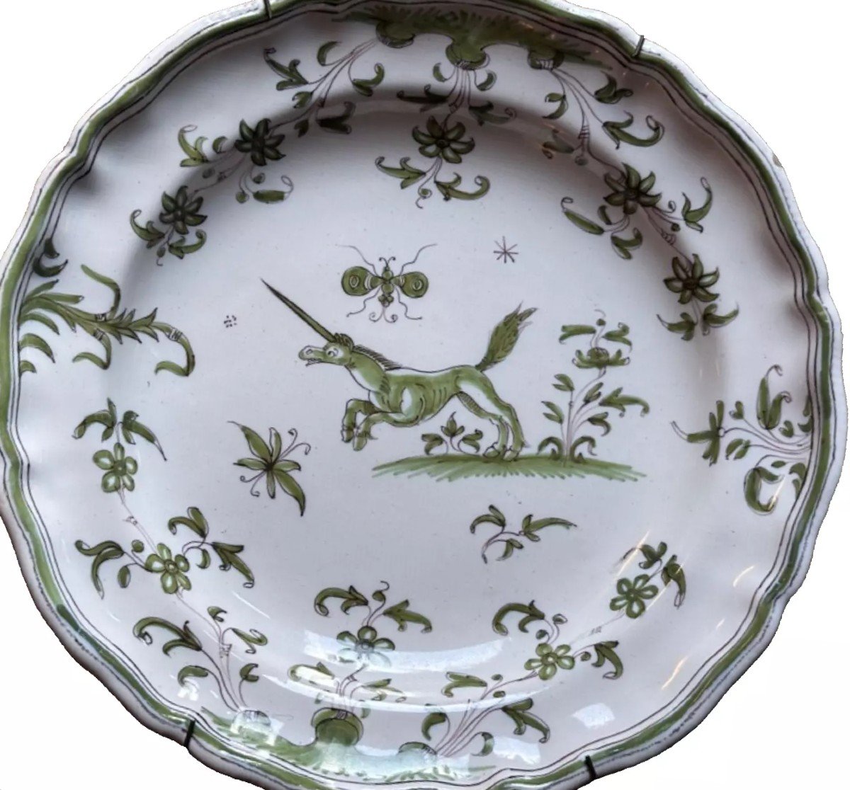 Ancienne Assiette Faïence De Moustiers 18 ème Licorne Papillon Vert Manganèse-photo-2