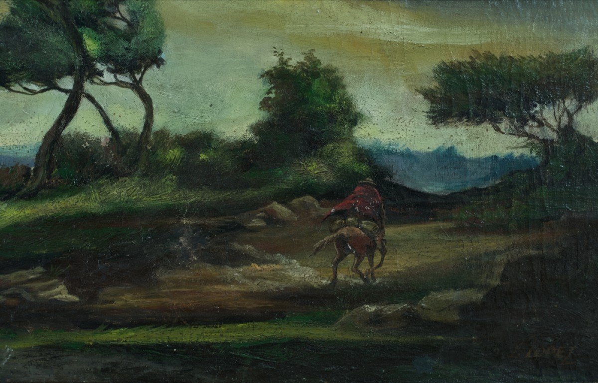 Lopez Antique Painting Rider In The Plain Seaside Stormy Sky 19th Century Spain -photo-2