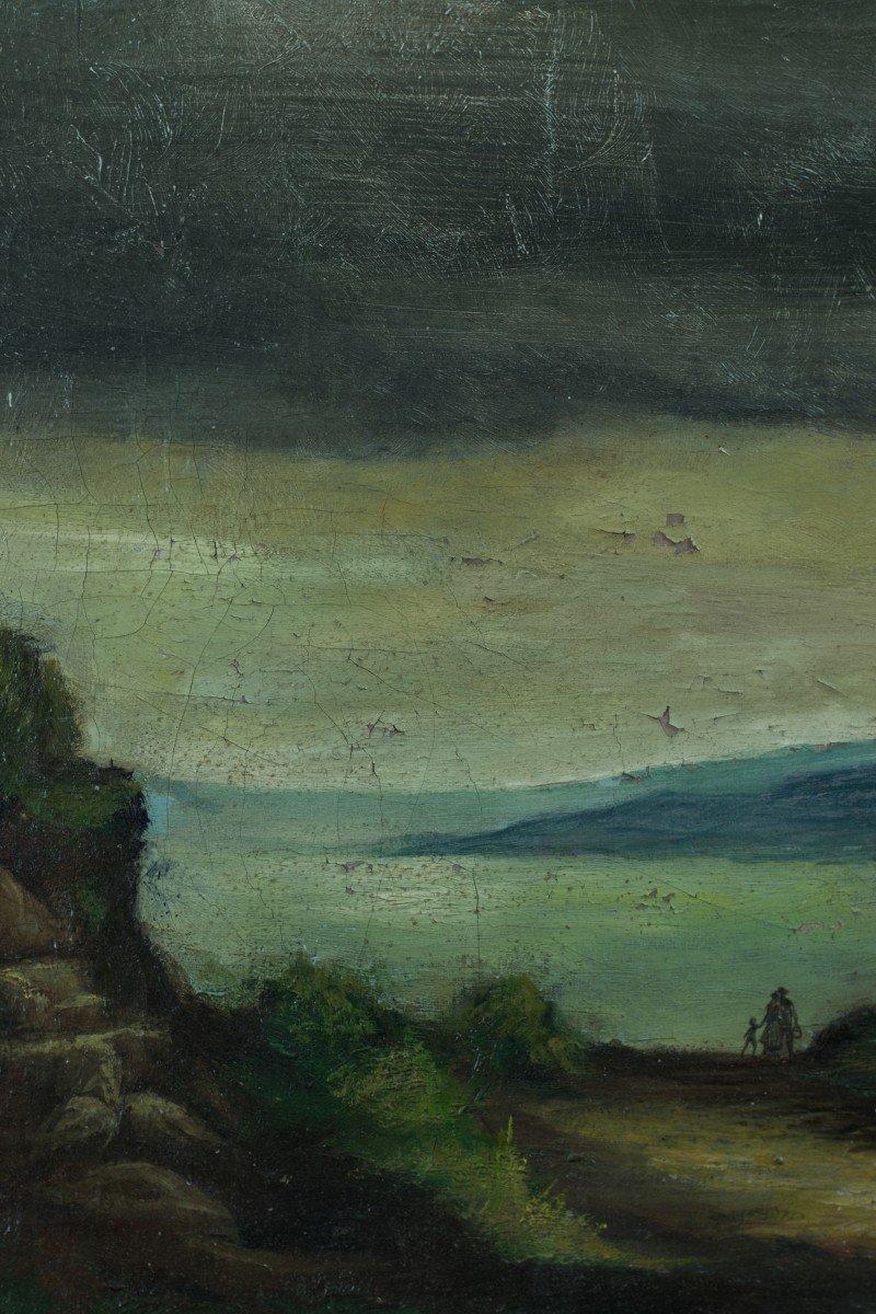 Lopez Antique Painting Rider In The Plain Seaside Stormy Sky 19th Century Spain -photo-2