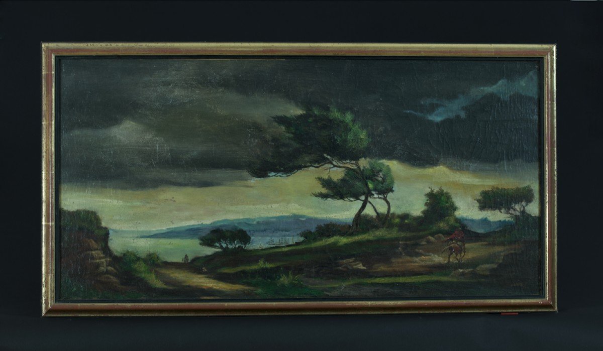 Lopez Antique Painting Rider In The Plain Seaside Stormy Sky 19th Century Spain -photo-7