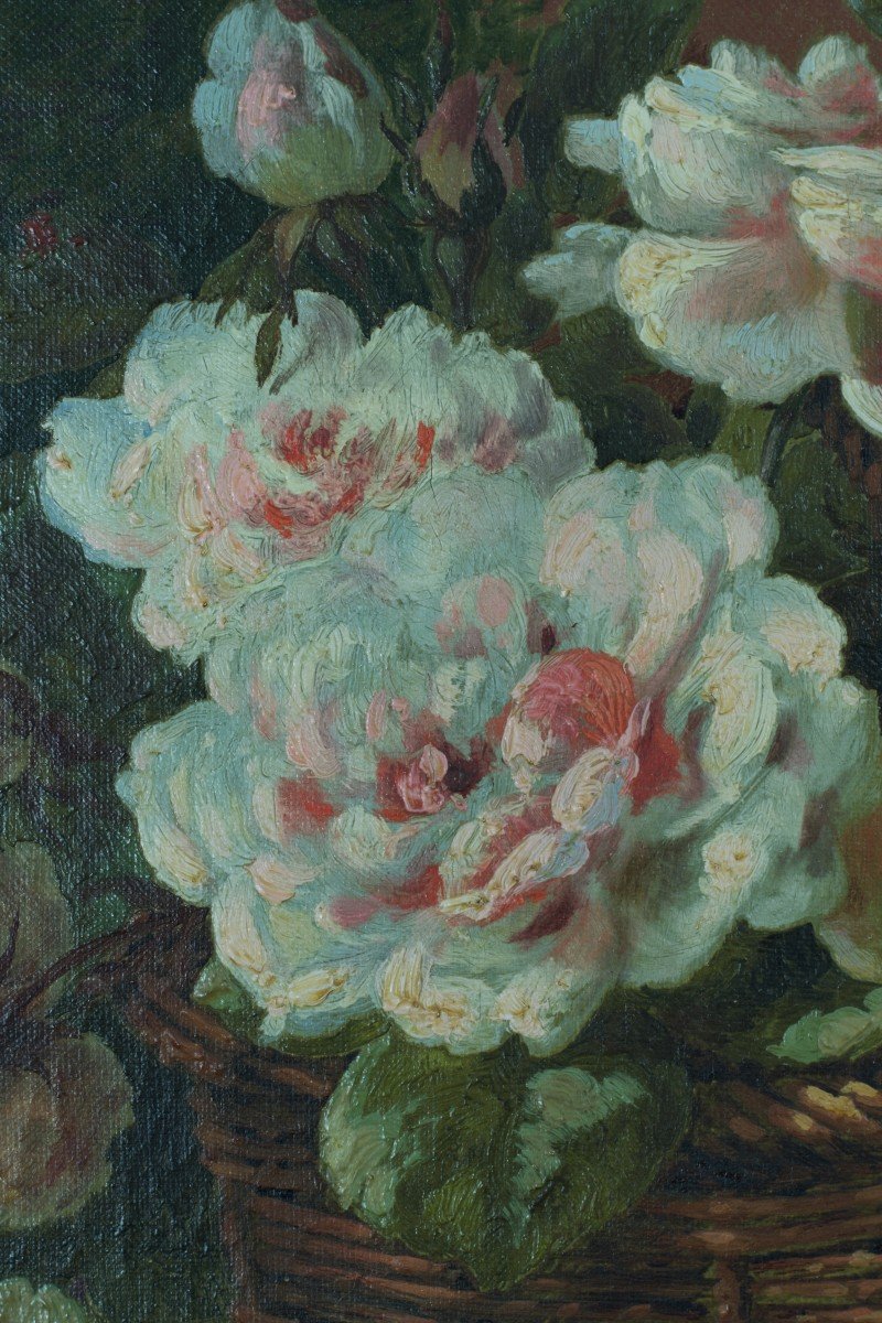 Gaston Boucher Tableau Ancien Bouquet De Roses Panier Osier Marbre Paysage Jardin  Lyon 19 ème-photo-3