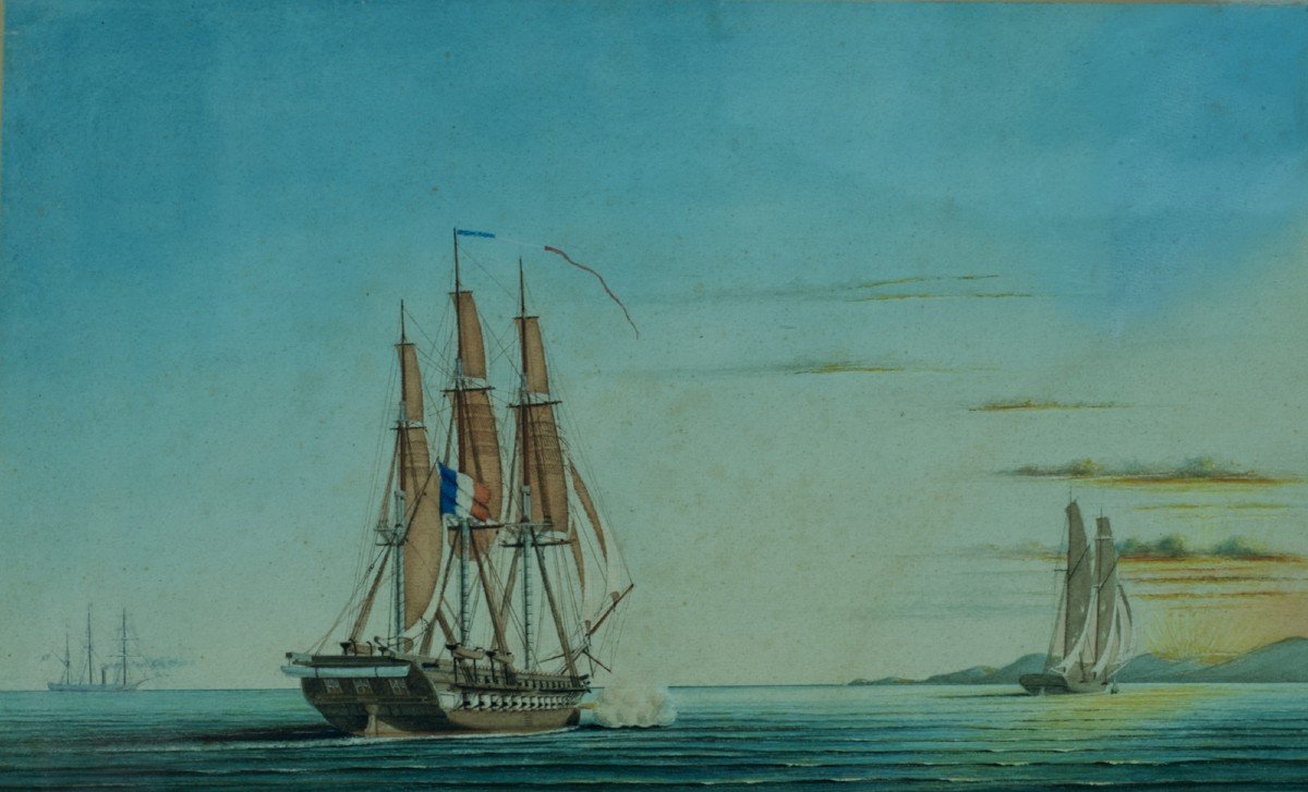 Dessin Ancien Marine bataille navale Frégate Française Napoléon Mer Méditerranée 19-photo-2