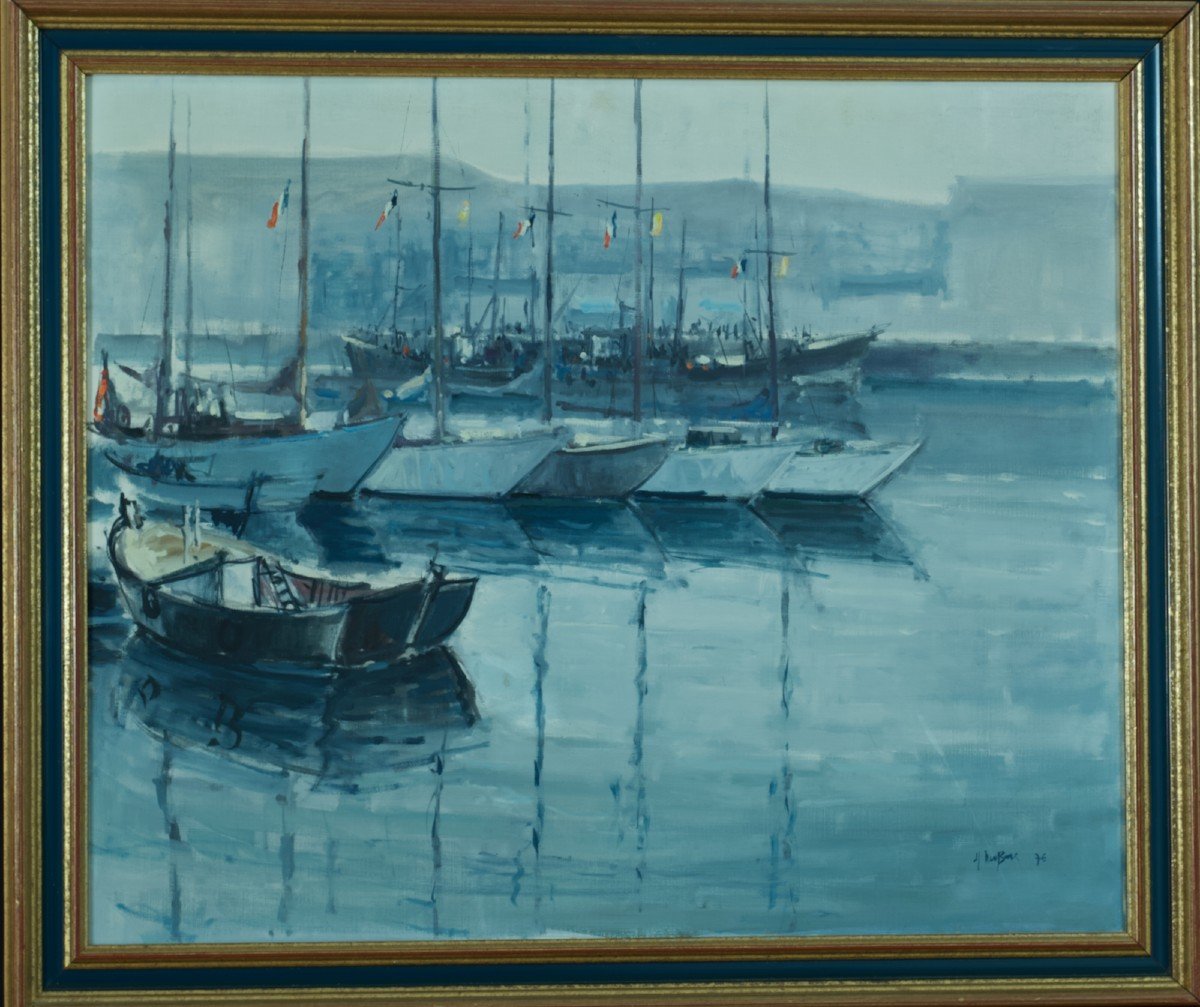 Tableau Moderne Grande Marine Bateaux Au Port Drapeau Mouillage Océan Dubois