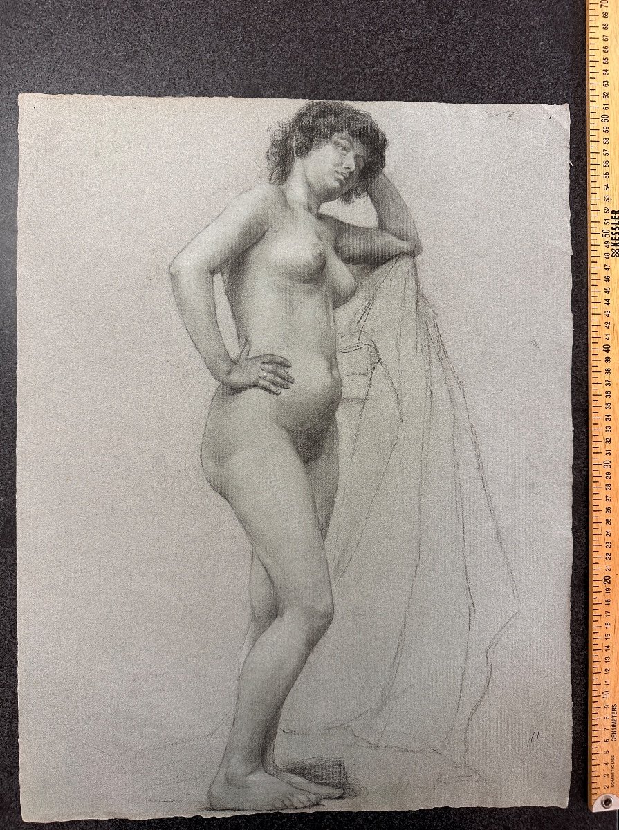 Ancien Dessin Académie Portrait Jeune Femme Nue Debout Acoudée Atelier 19ème-photo-3