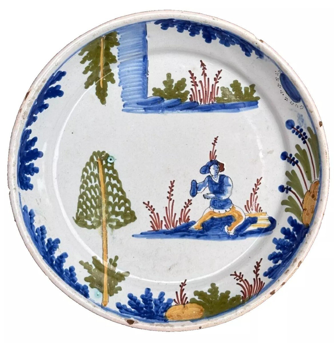 Nevers Moulins Old Earthenware Plate 18th Century Decorated With Seated Chinese Man-photo-2