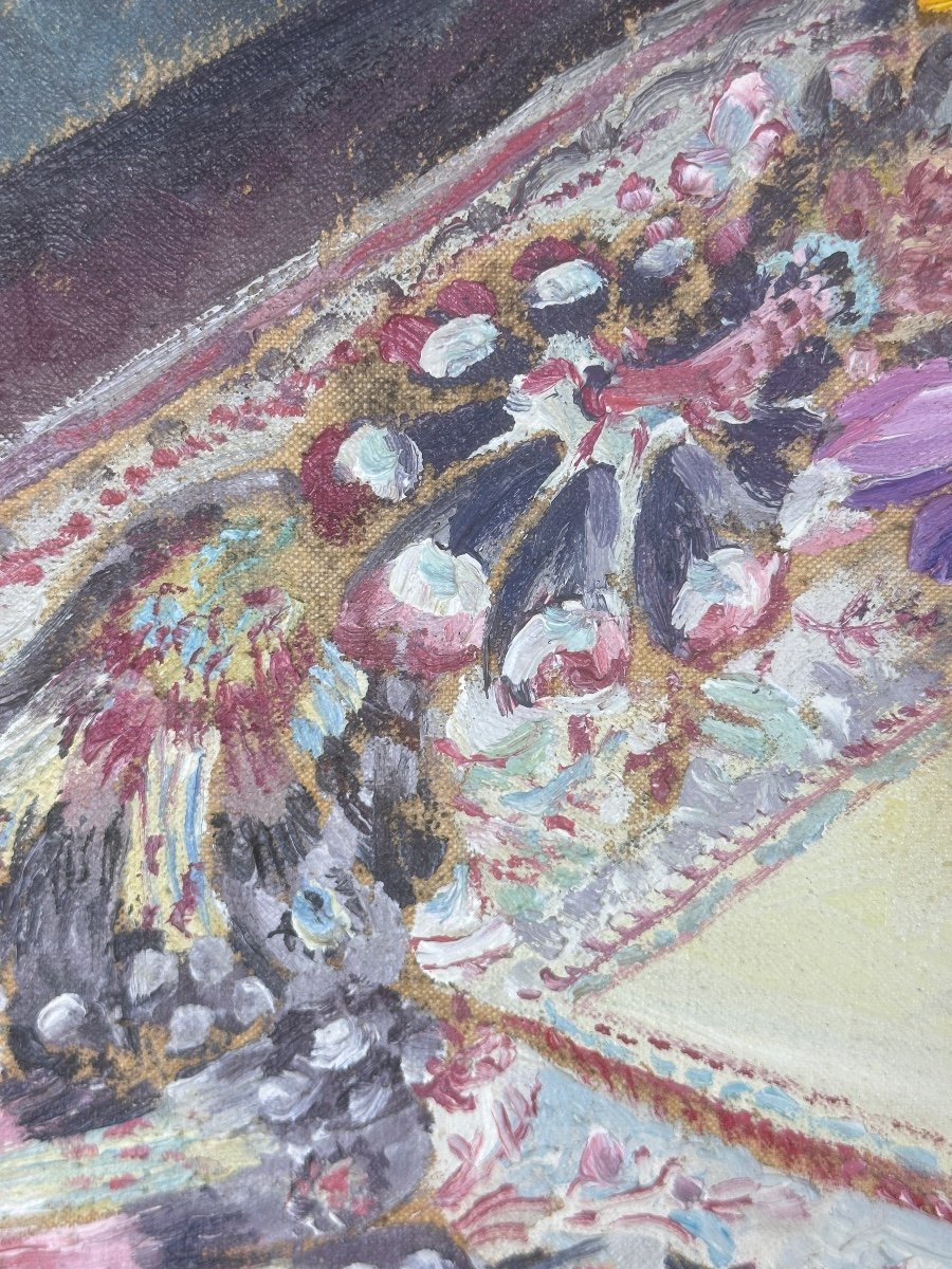 Tableau Bouquet De Fleurs  Tapis Peinture Huile Hélène Rivière Toulouse Henri Martin -photo-1
