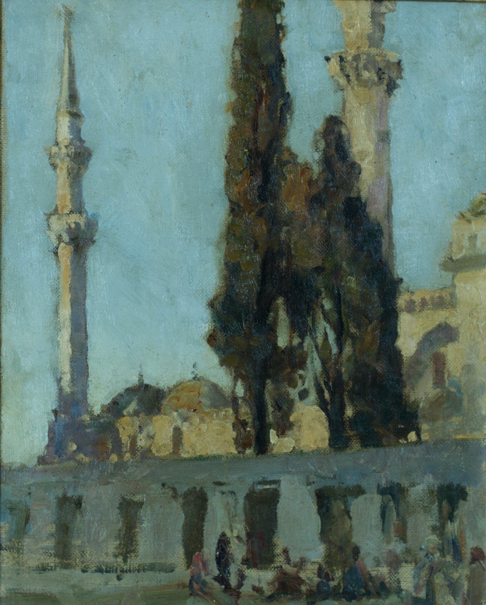 Beau Tableau Orientaliste Ancien Vue d'Istanbul Mosquée Saint Sophie Animée Turc Turquie -photo-2