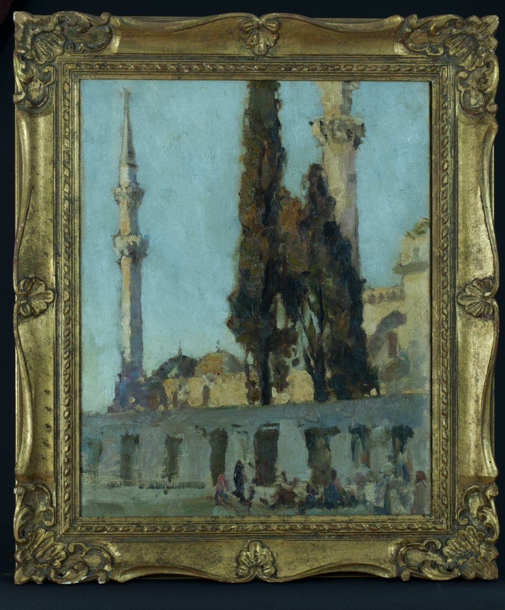 Beau Tableau Orientaliste Ancien Vue d'Istanbul Mosquée Saint Sophie Animée Turc Turquie 