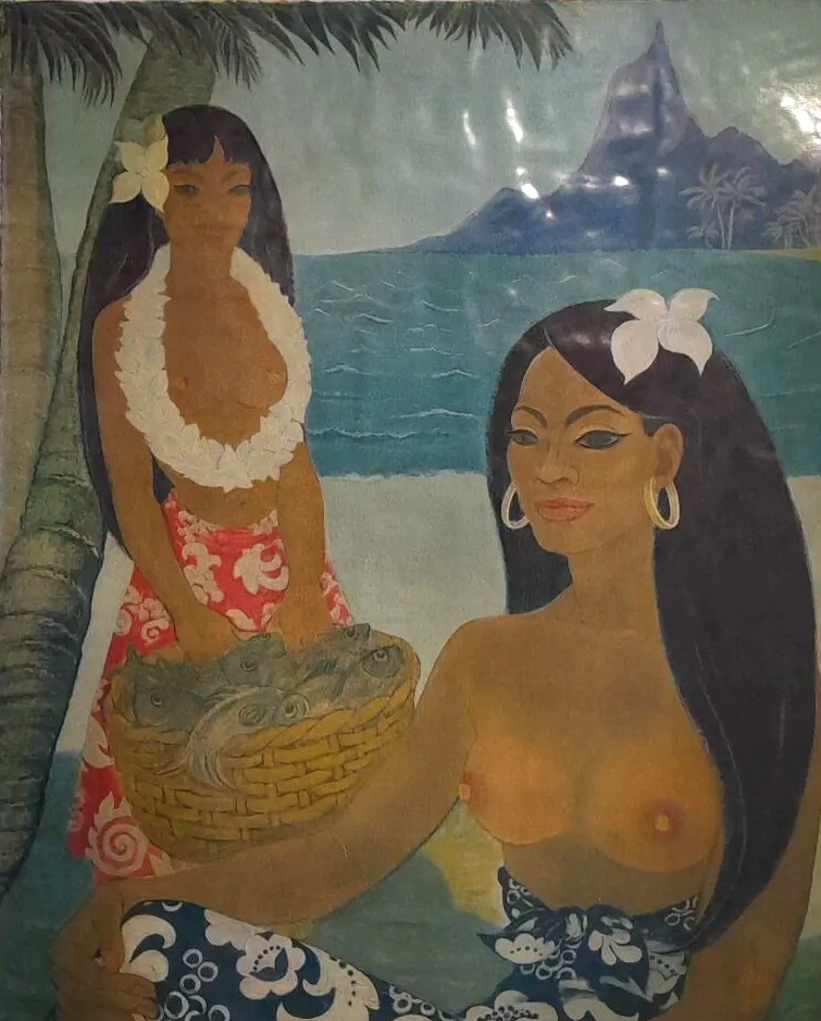 Deligne Ancienne Lithographie Art Déco Portrait De Femme Nue Tahitienne Vahiné Moorea