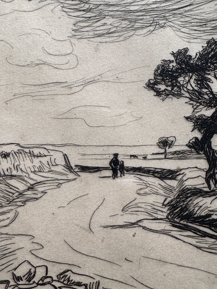 André Dauchez Antique Engraving Brittany La Palue Animated Seascape. 1900 Breton Walker