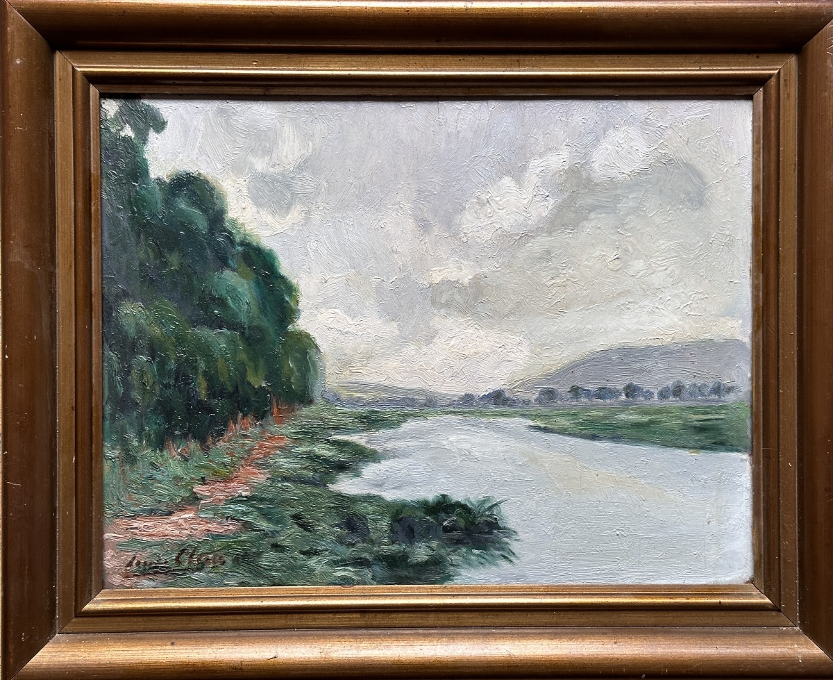 Louis Clesse Beau  Tableau Ancien Paysage Vue De Rivière Ciel Impressionniste Bruxelles -photo-1