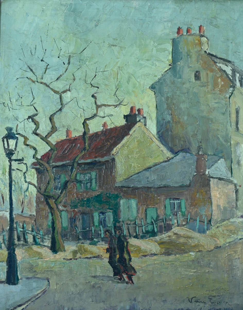 French School Beautiful Painting Landscape Paris Montmartre View Of The Agile Rabbit Cabaret Animated Signed