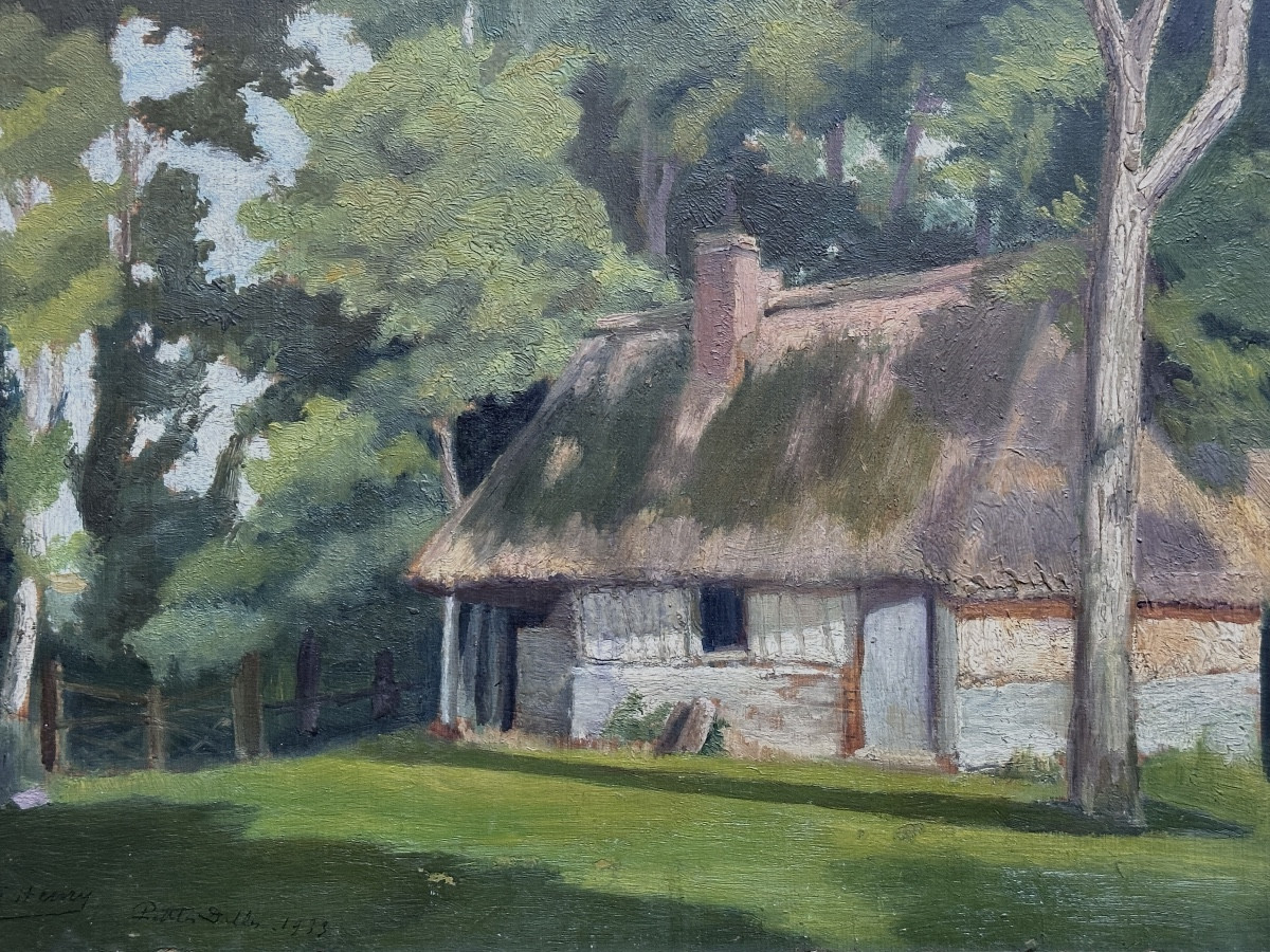 Henry Old Painting Norman Landscape House Thatched Cottage Garden Small Slabs 