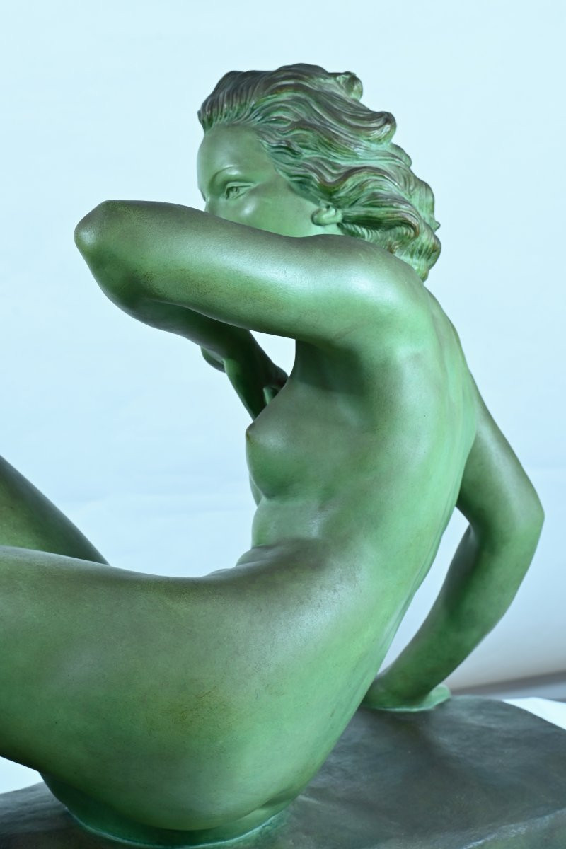 Merval Grande Statue Art Déco Portrait De Jeune Femme Nue  Suiveur  Le Verrier 85cm décoration -photo-6