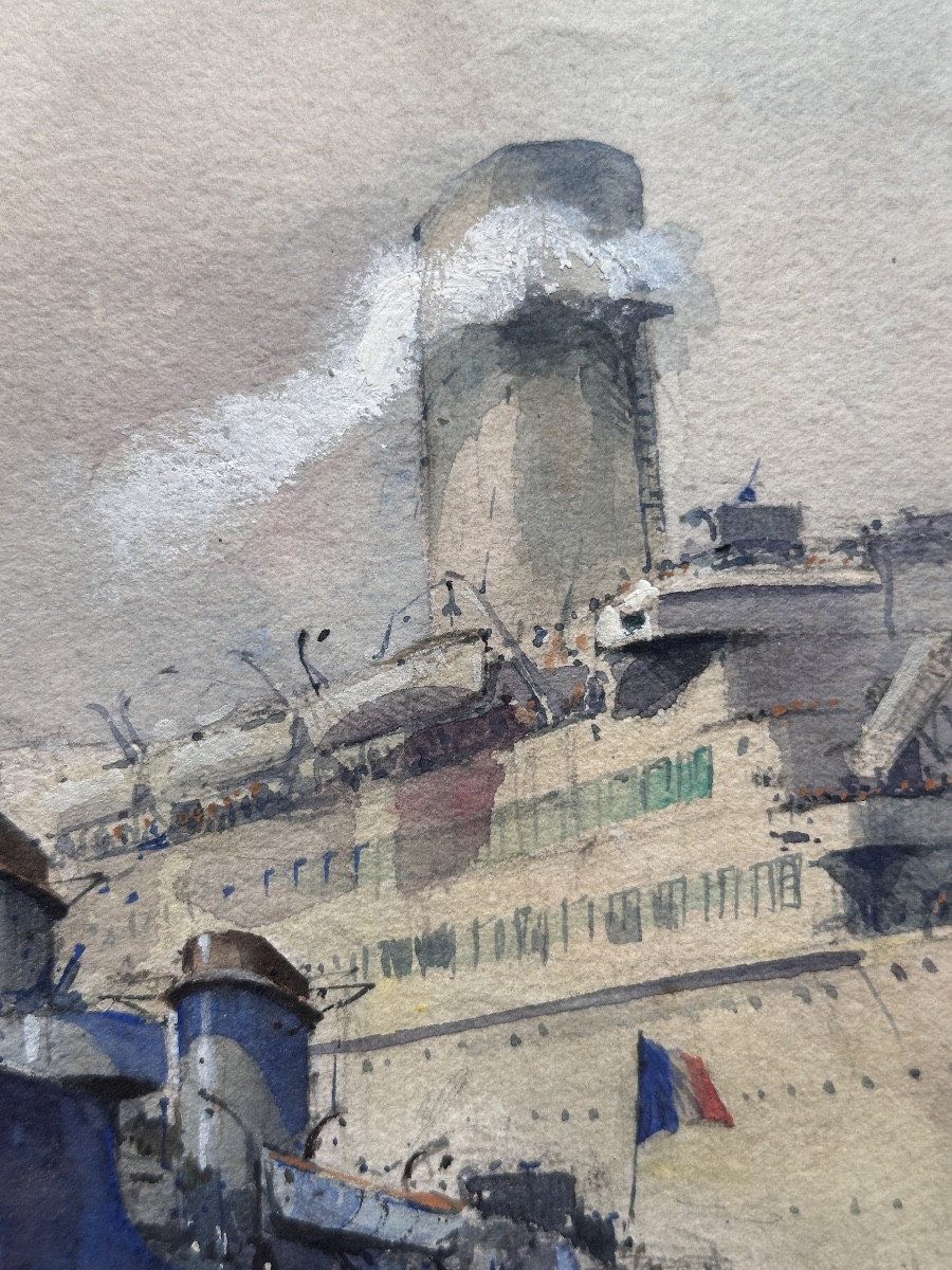 Claude Le Baude Dessin Aquarelle Marine Bateau WW2 Vaisseau Le Léopard Paquebot Le Pasteur 68cm
