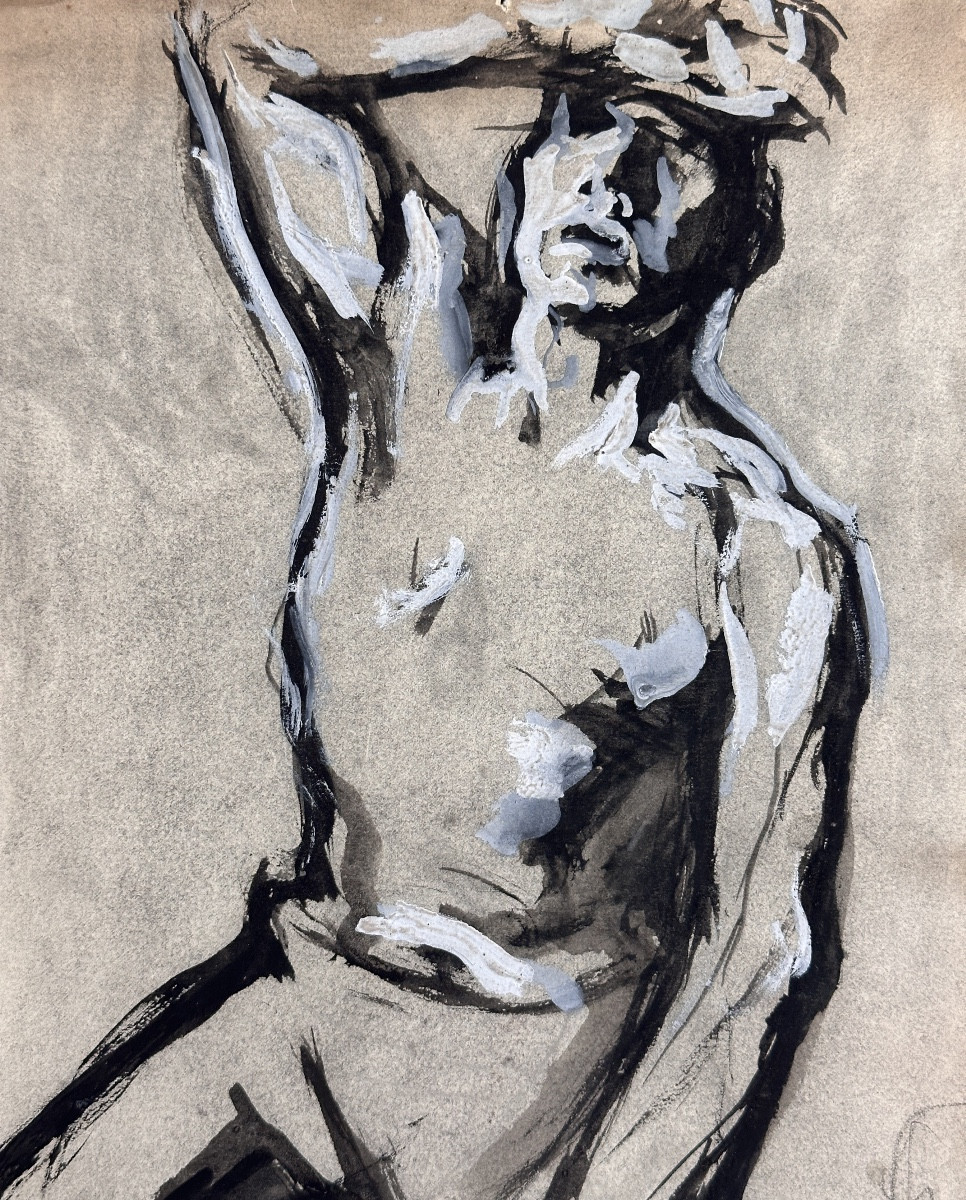Jean Terles  Dessin Beaux Arts Portrait d'Homme à Genoux  Académie 1930-photo-2