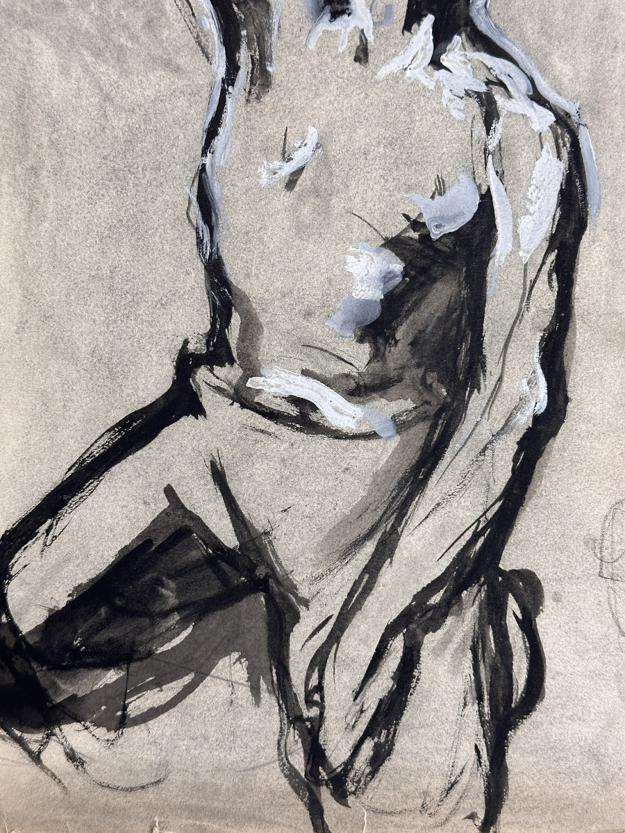 Jean Terles  Dessin Beaux Arts Portrait d'Homme à Genoux  Académie 1930-photo-1