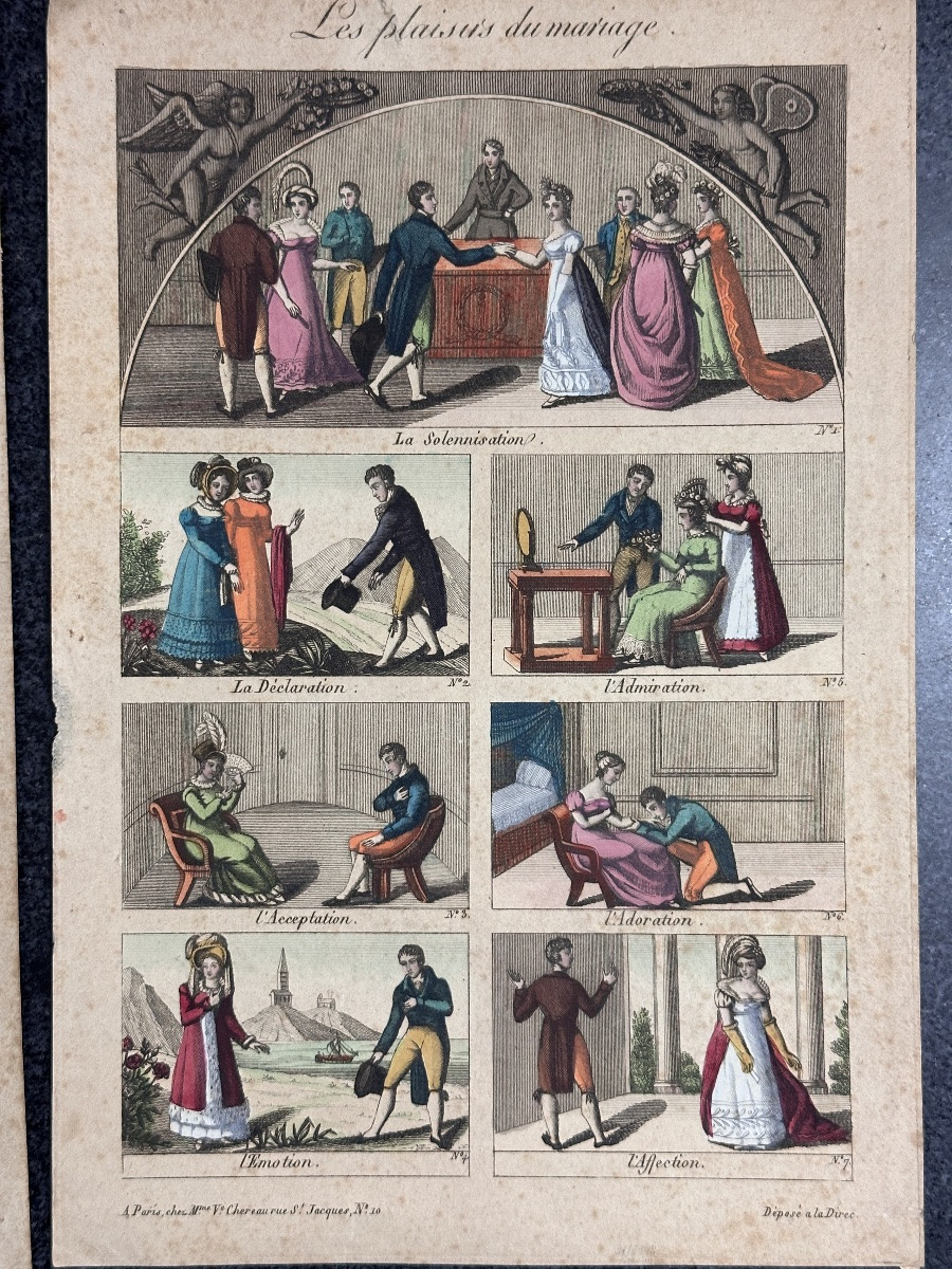 Widow Chereau Old Color Engraving The Pleasures Of Marriage Couple Separation Divorce X 2 -photo-2