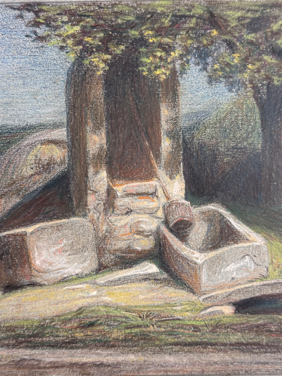 De Berbardi Beautiful Old Drawing Landscape At The Fountain Trees In Summer Pastel 1863 Drôme-photo-2