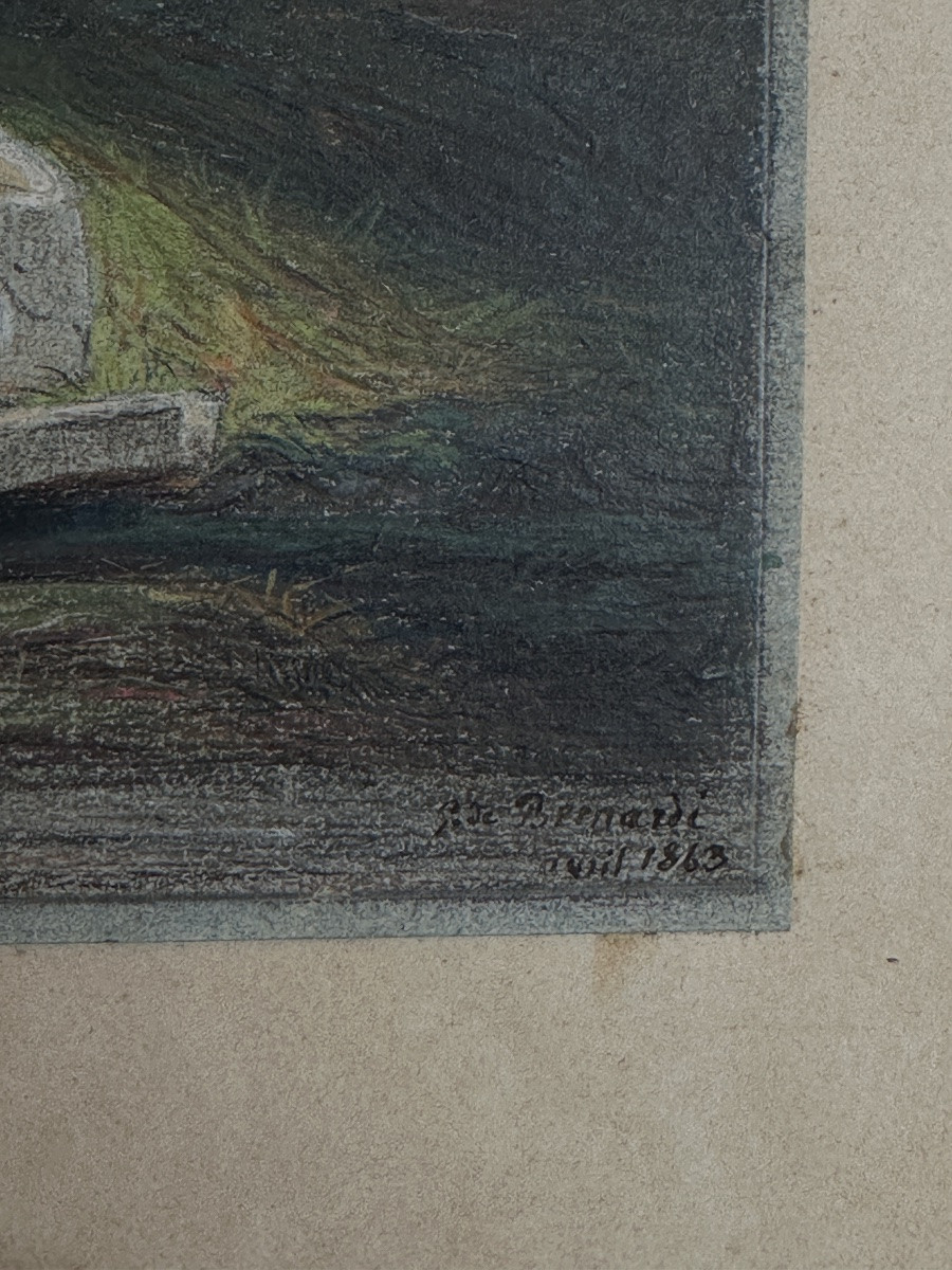 De Berbardi Beautiful Old Drawing Landscape At The Fountain Trees In Summer Pastel 1863 Drôme-photo-3