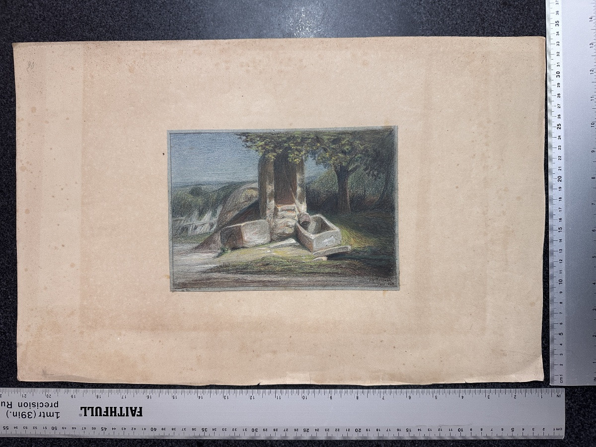 De Berbardi Beautiful Old Drawing Landscape At The Fountain Trees In Summer Pastel 1863 Drôme-photo-5