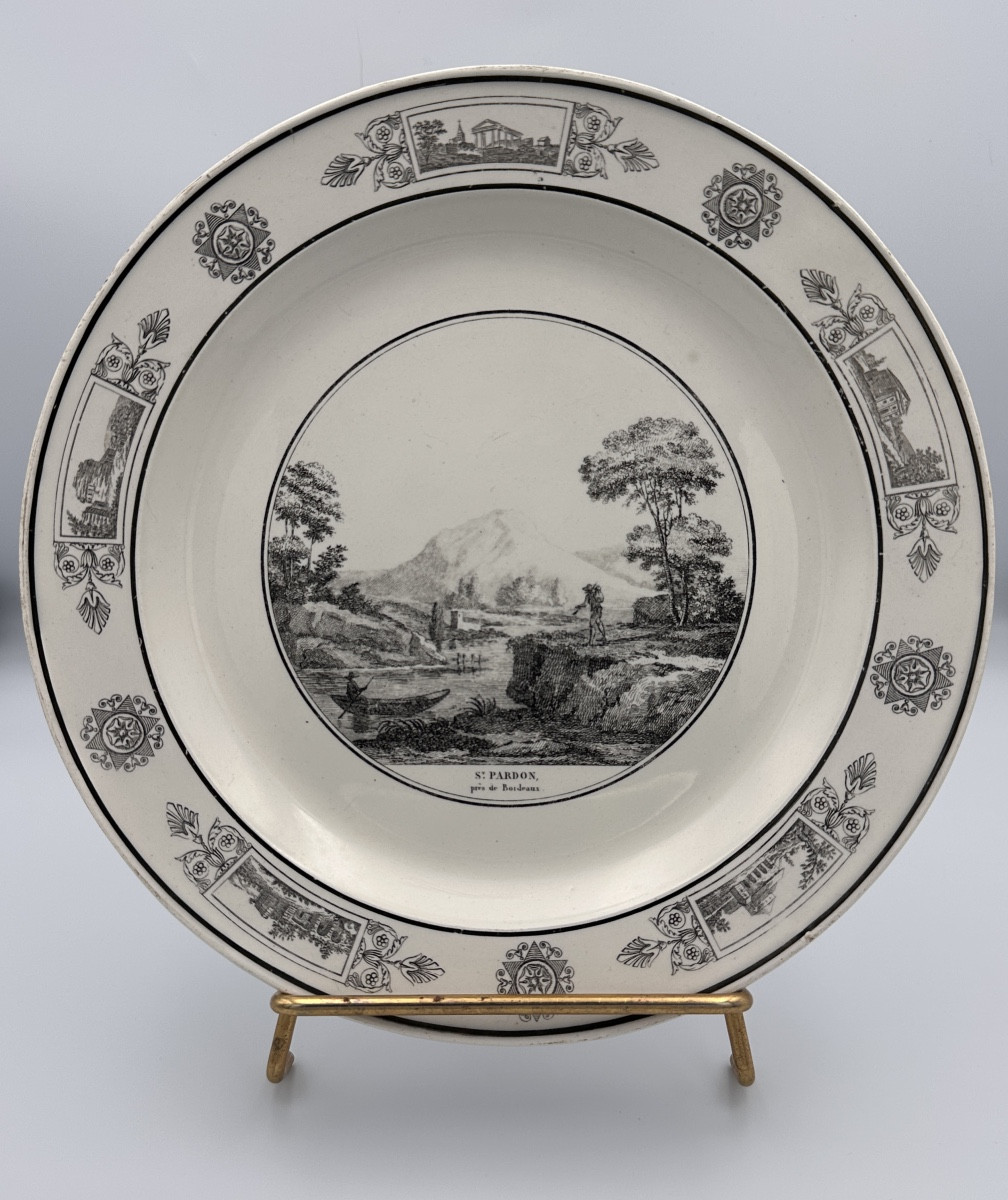 Grande Assiette Ancienne En Faience Fine Creil 19ème St Pardon Bordeaux Langon promeneur 25cm -photo-2