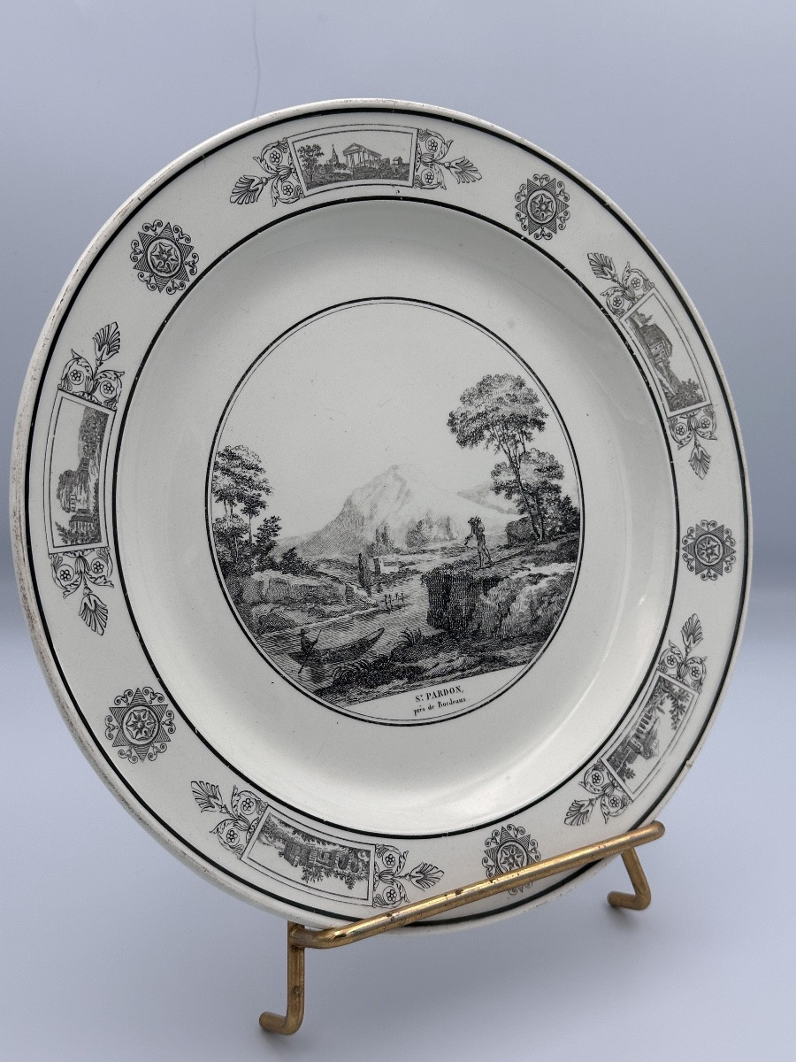 Grande Assiette Ancienne En Faience Fine Creil 19ème St Pardon Bordeaux Langon promeneur 25cm -photo-2