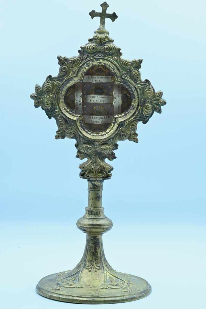 Ancien Reliquaire Vierge Marie Monstrance Bronze 19ème Relique Notre Dame Sceau-photo-2