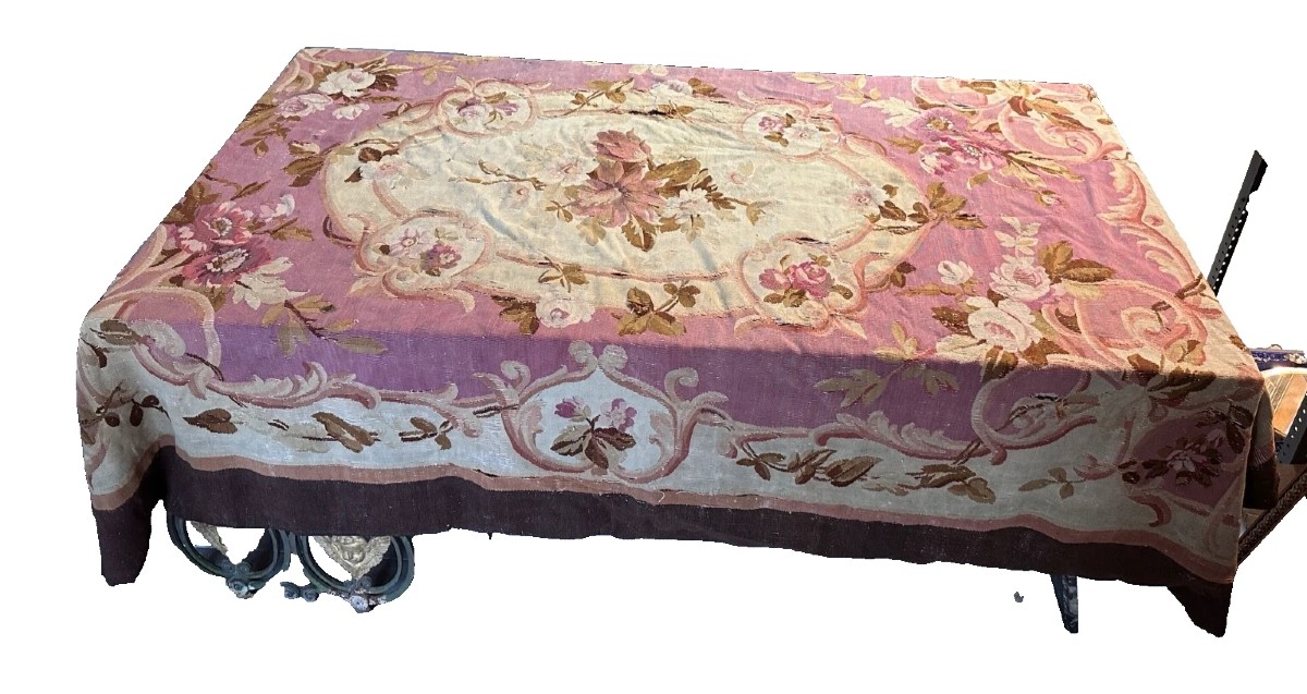 Ancien Tapis Tapisserie Aubusson Bouquet De Roses Fleurs Tenture Décor Textile
