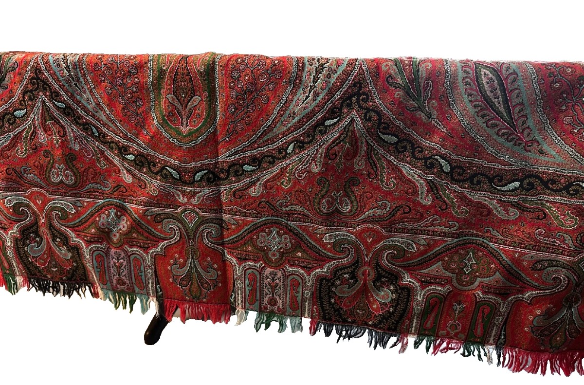 Ancien Châle En Cachemire  Tissu Textile Mode Napoléon 3 Provence Bon état-photo-2