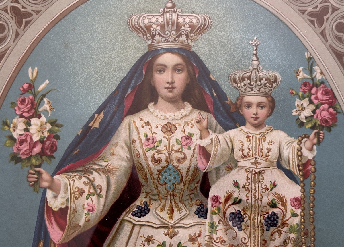 Antique Large Lithograph Portrait Of The Madonna Of Canneto De Settefrati Christian Religion 