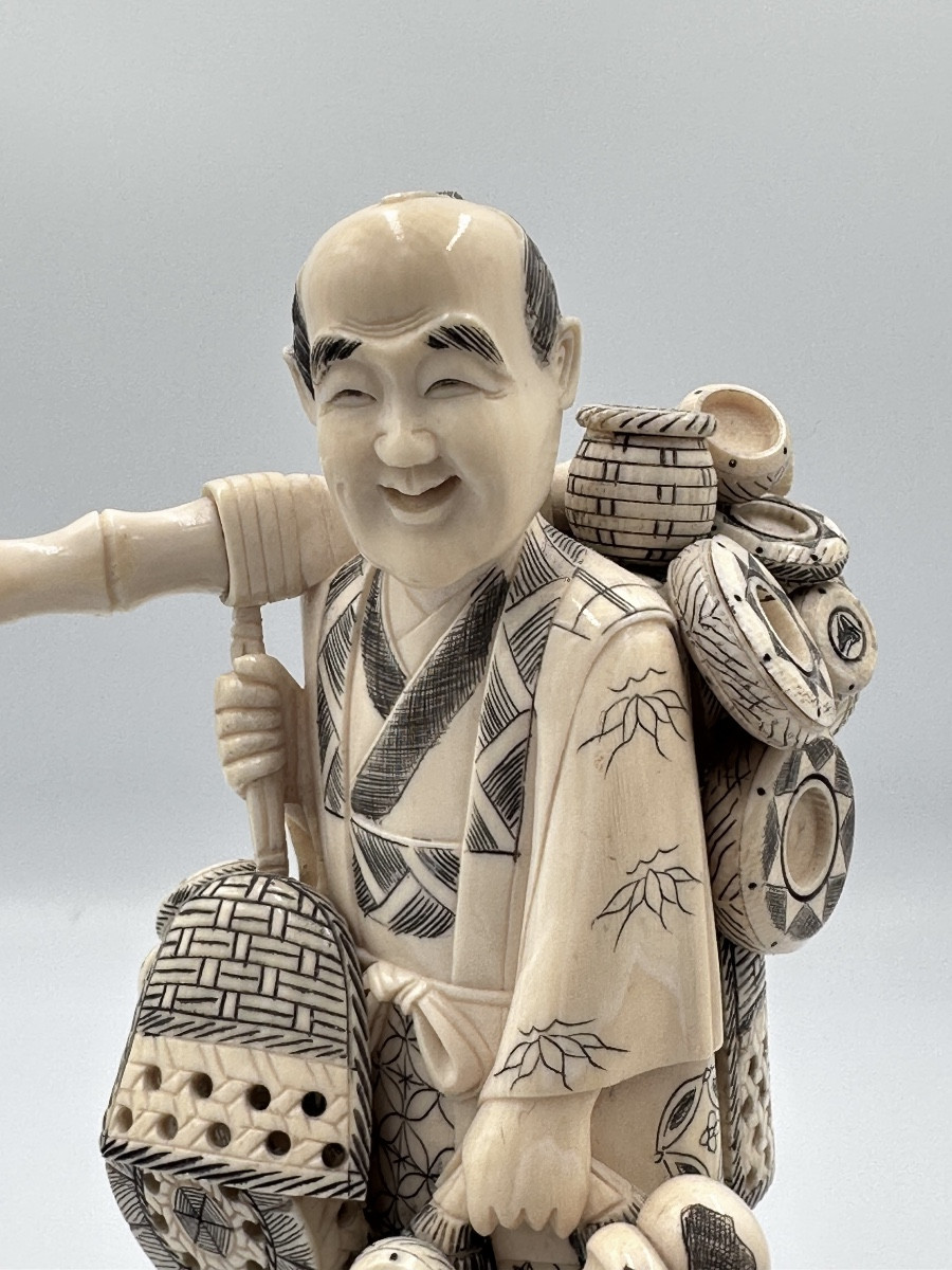 Ancienne Statuette Bois Sculpté Portrait Marchand Ambulant Japon Chine Ivoire Ancien -photo-2