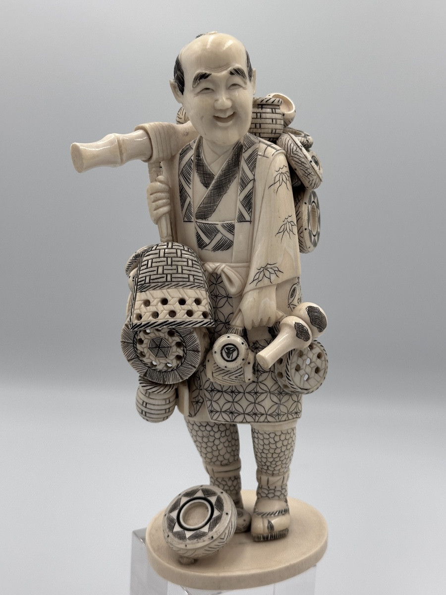 Ancienne Statuette Bois Sculpté Portrait Marchand Ambulant Japon Chine Ivoire Ancien -photo-3
