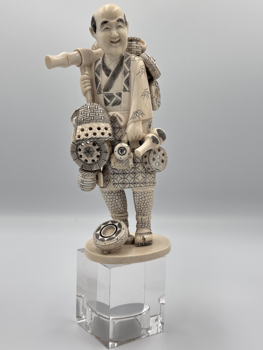 Ancienne Statuette Bois Sculpté Portrait Marchand Ambulant Japon Chine Ivoire Ancien -photo-4