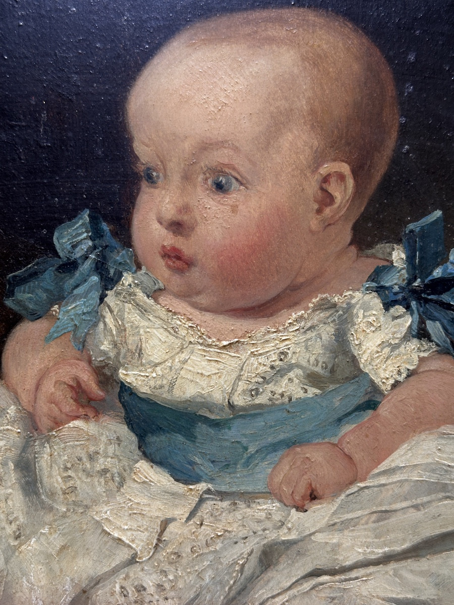 Tableau Ancien Portrait De Bébé Enfant Yeux Bleus éveillé Robe Baptême Huile 19e Armand-photo-3
