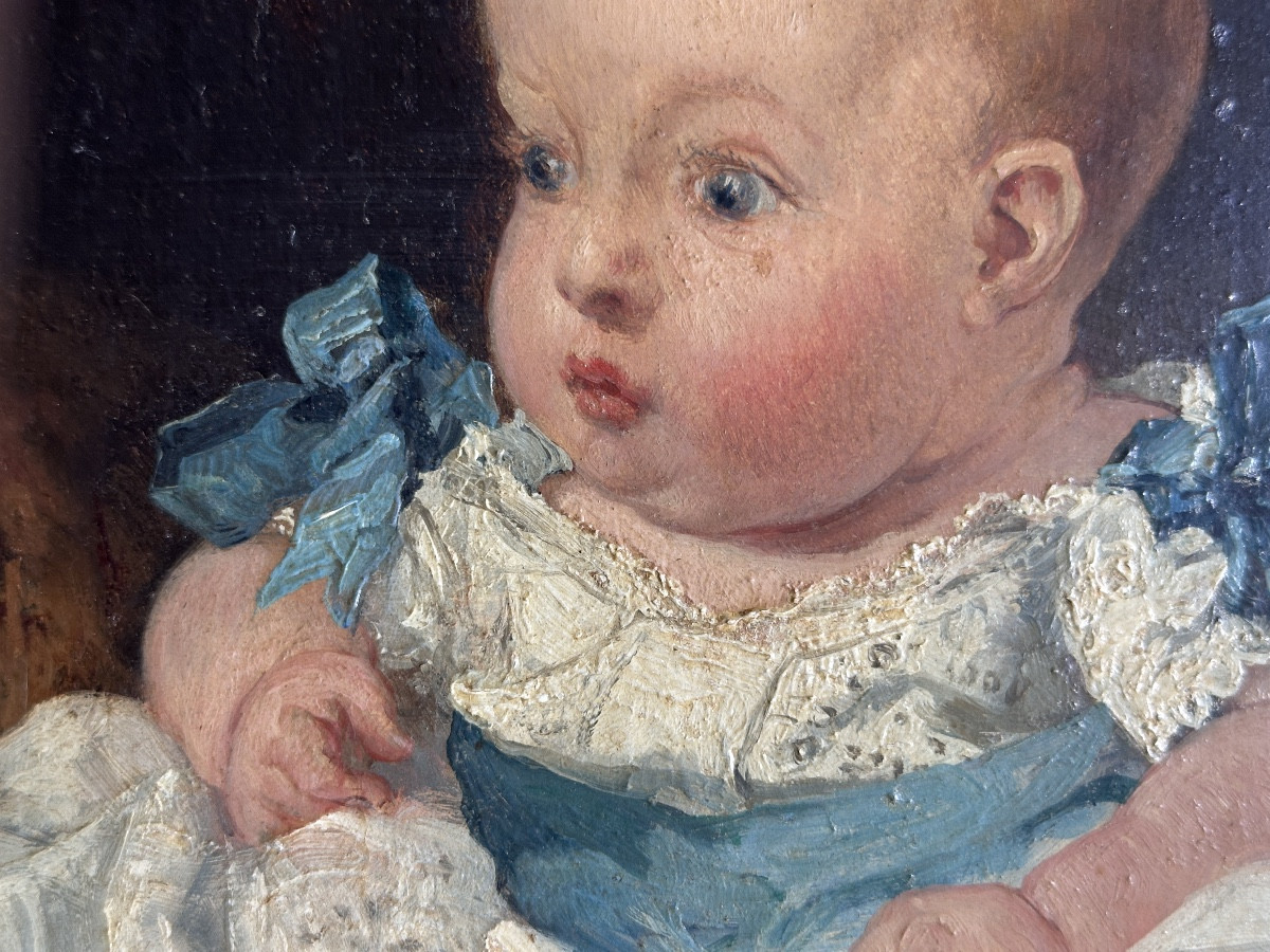 Tableau Ancien Portrait De Bébé Enfant Yeux Bleus éveillé Robe Baptême Huile 19e Armand-photo-1