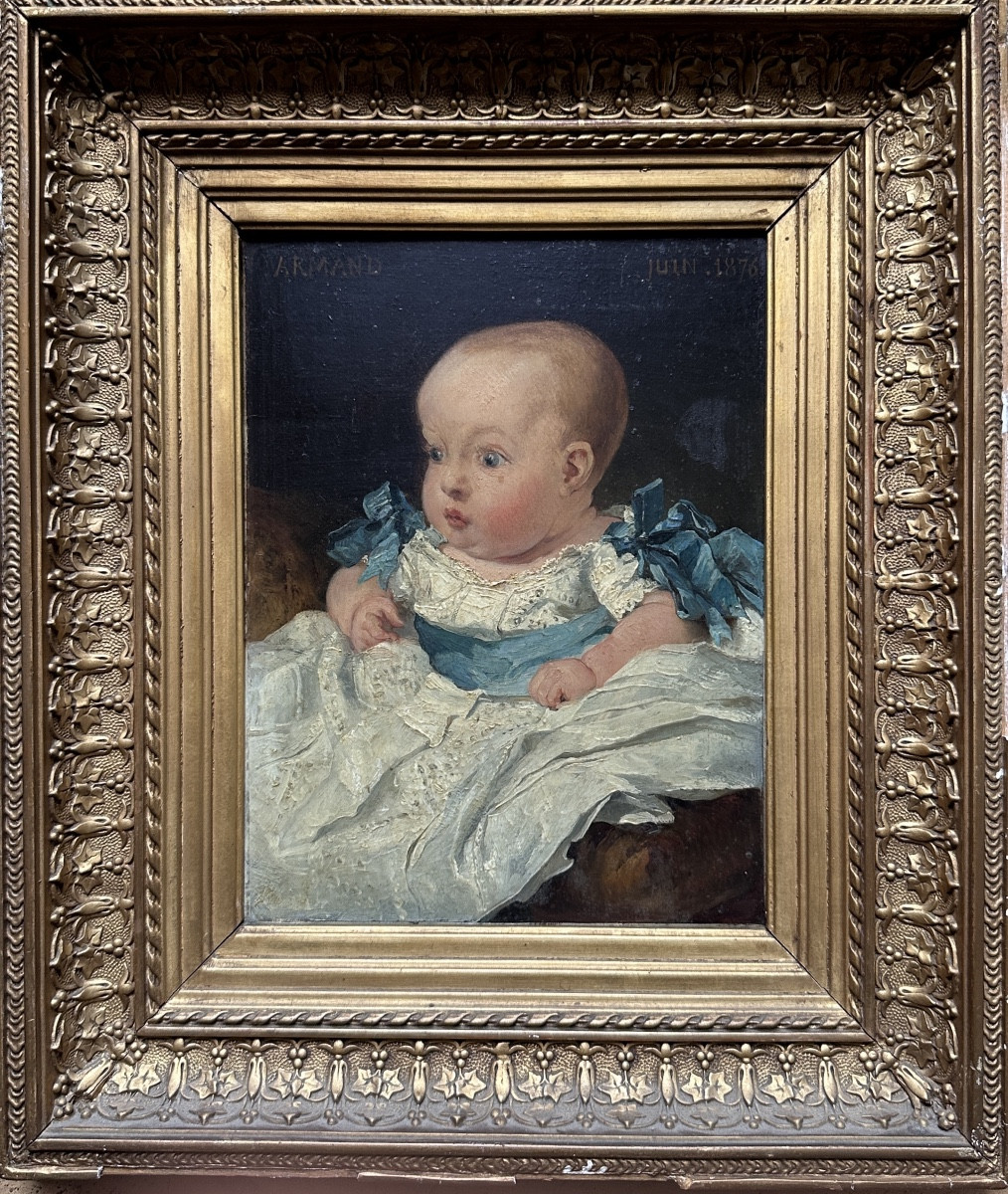 Tableau Ancien Portrait De Bébé Enfant Yeux Bleus éveillé Robe Baptême Huile 19e Armand-photo-2