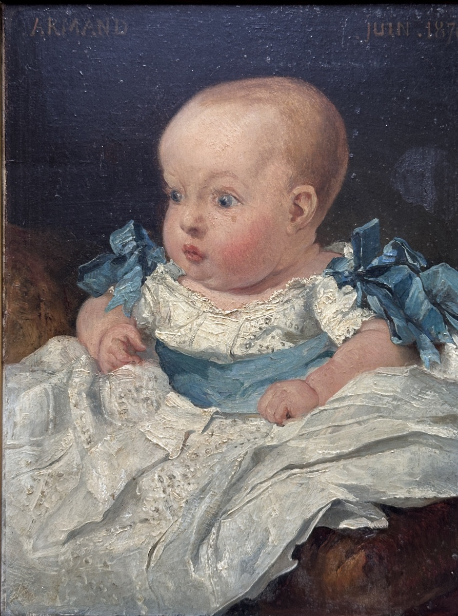 Tableau Ancien Portrait De Bébé Enfant Yeux Bleus éveillé Robe Baptême Huile 19e Armand