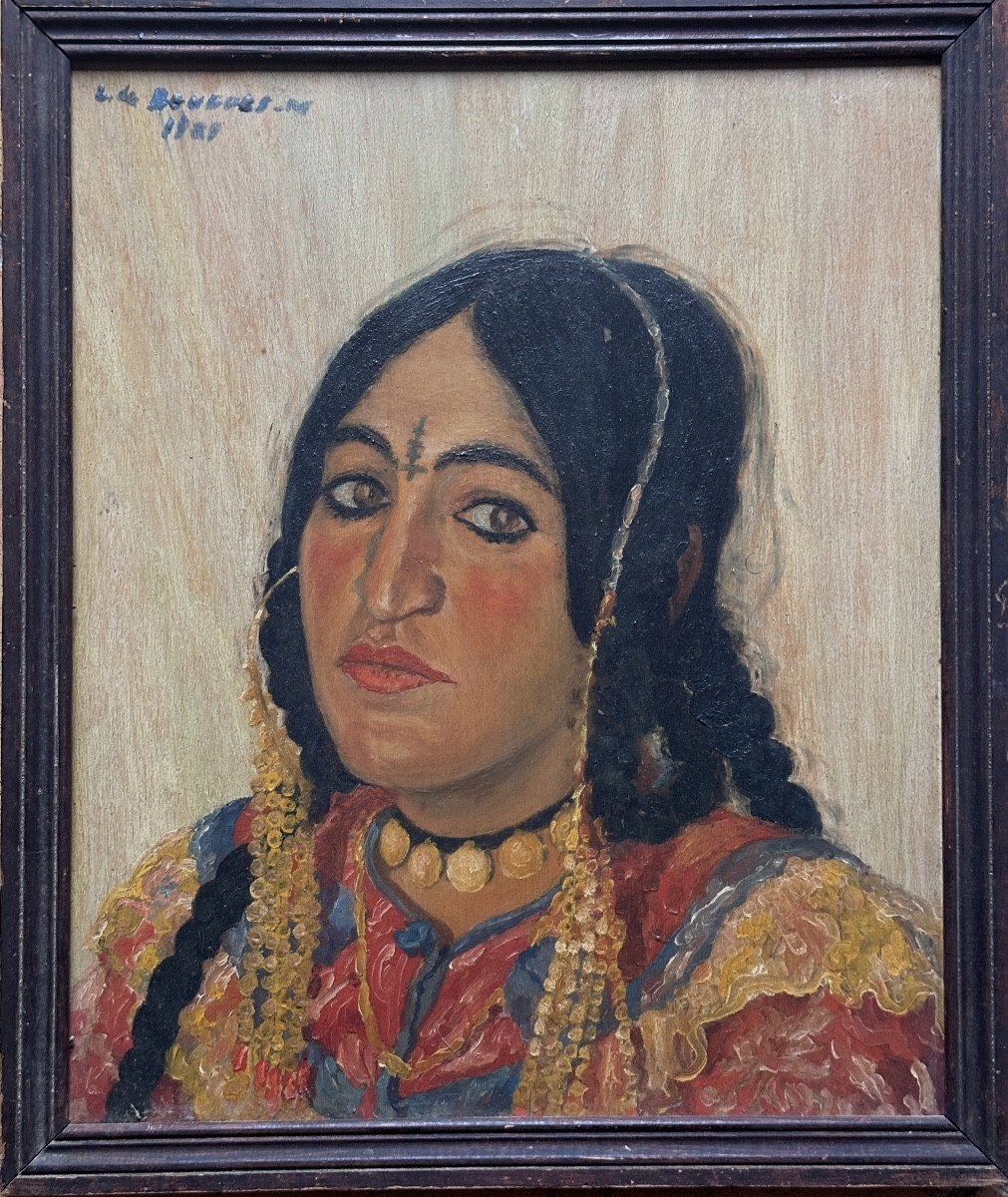 Orientalist Painting Portrait Of A Young Woman Algerian Art Deco Costume Biskra-photo-4