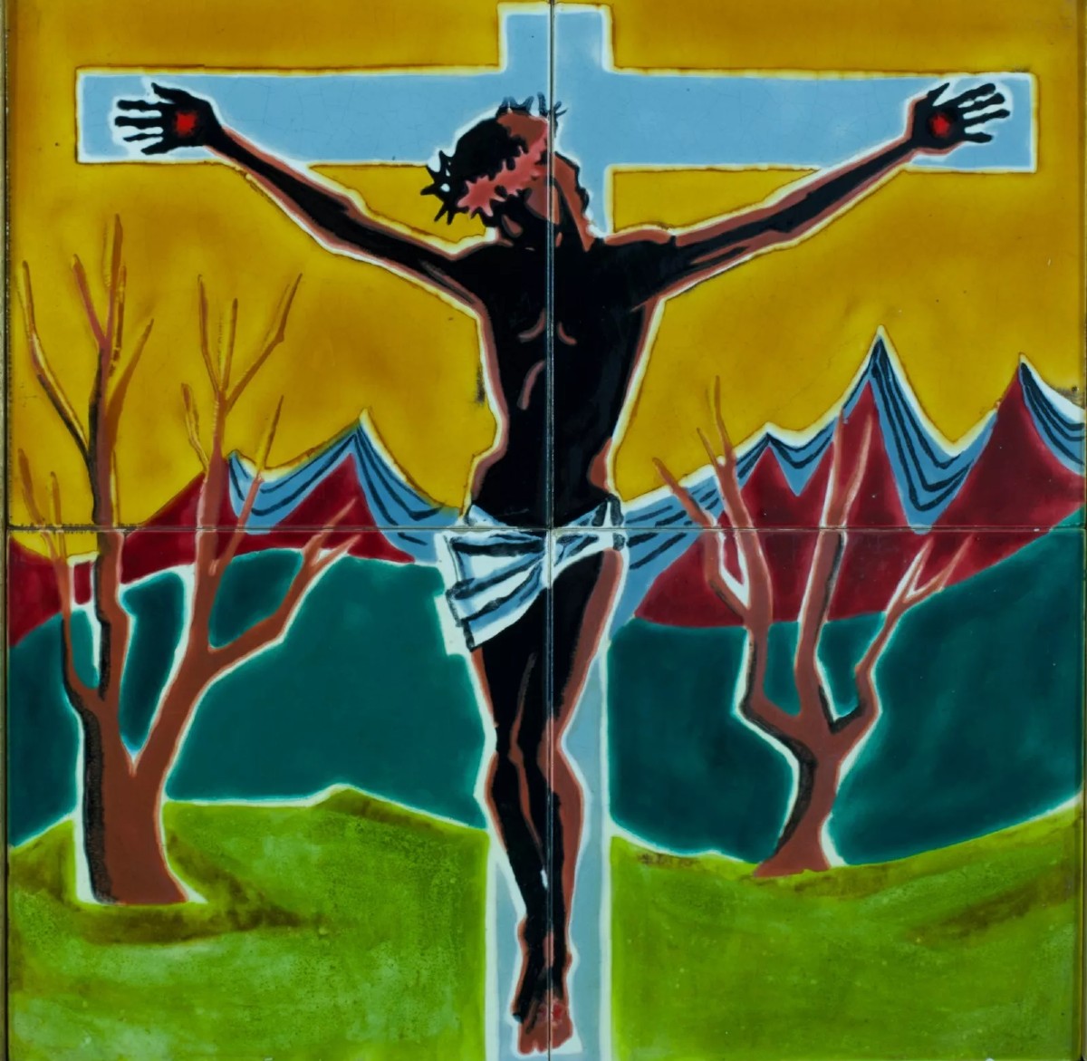 Beautiful Christ On The Cross In Polychrome Ceramic St Sant Vicens Modernist 1950