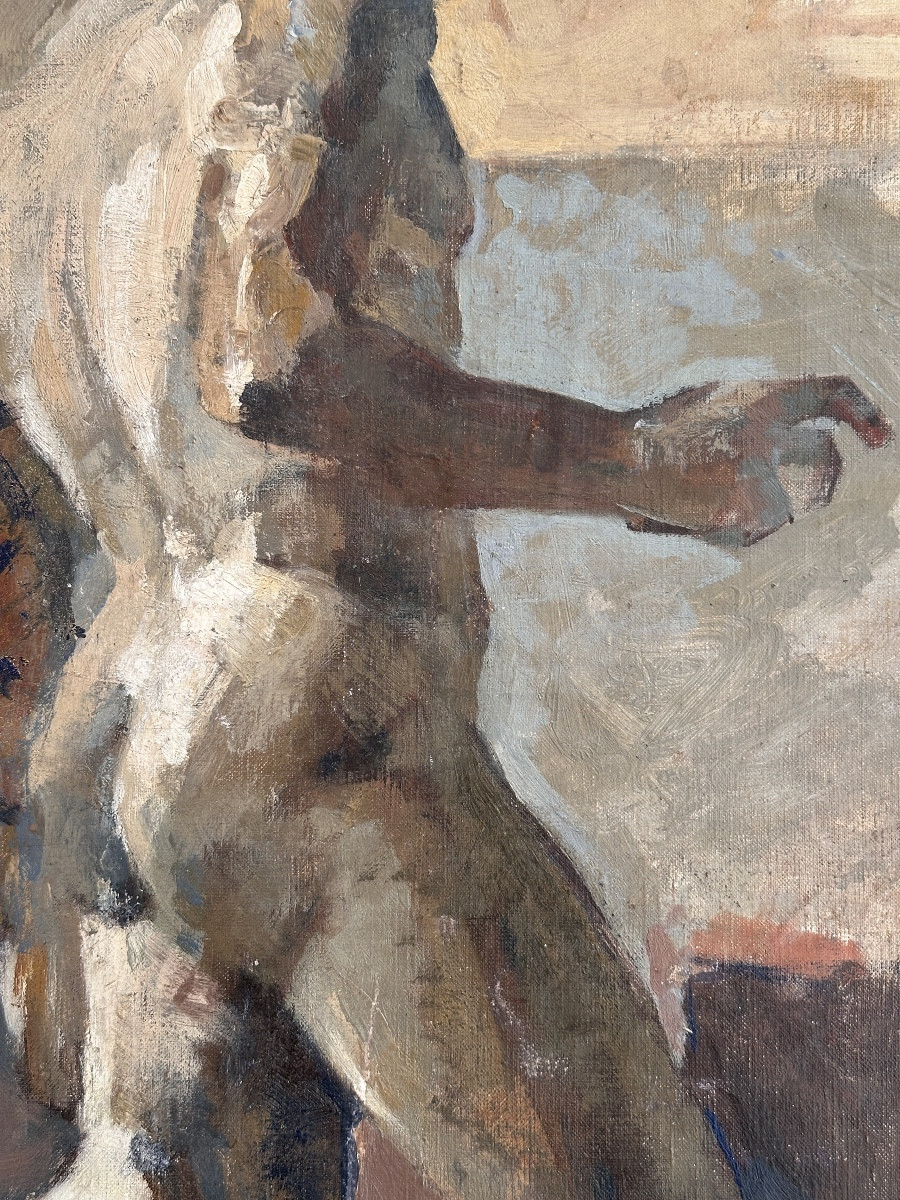Modern Art Deco Painting Portrait Of A Man, Nude, Antique Sculpture In The Jean Terles Workshop-photo-3
