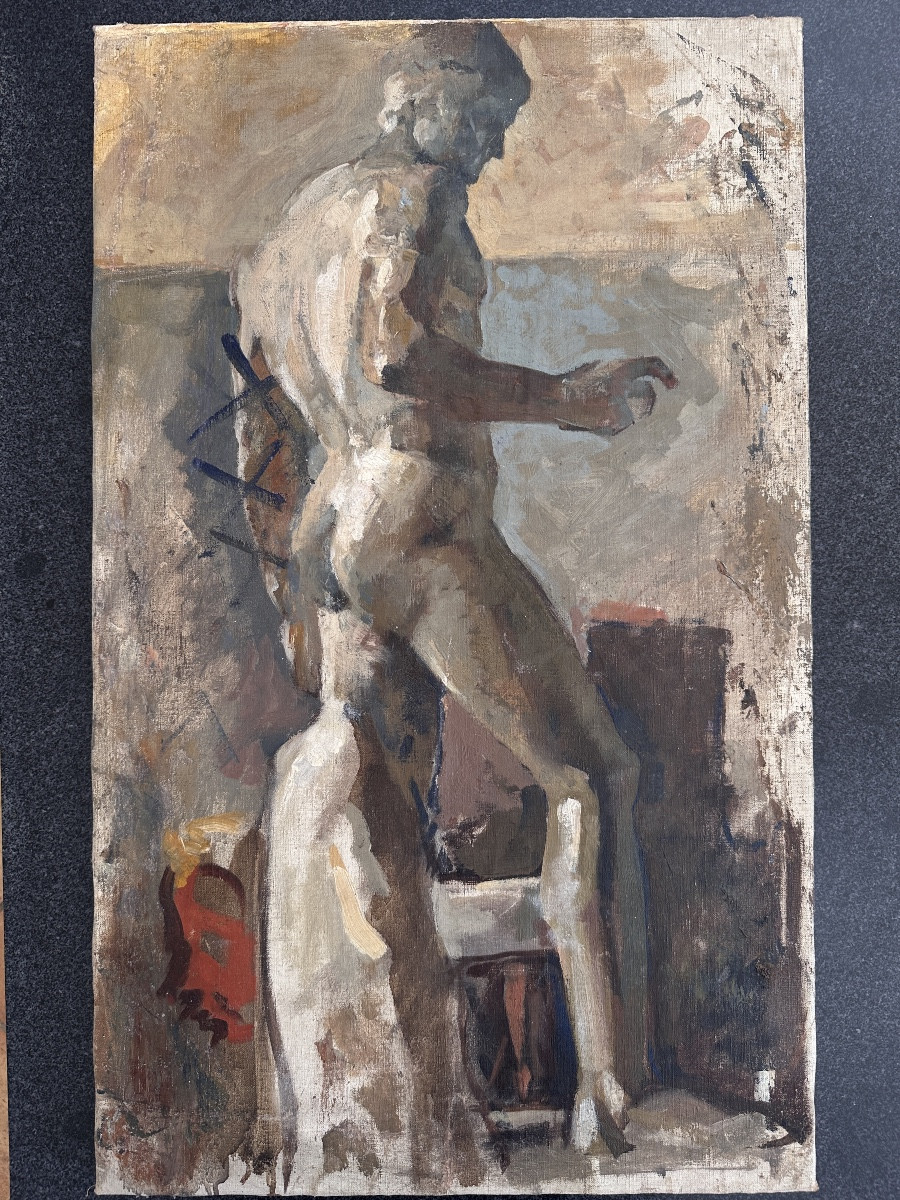 Modern Art Deco Painting Portrait Of A Man, Nude, Antique Sculpture In The Jean Terles Workshop-photo-5