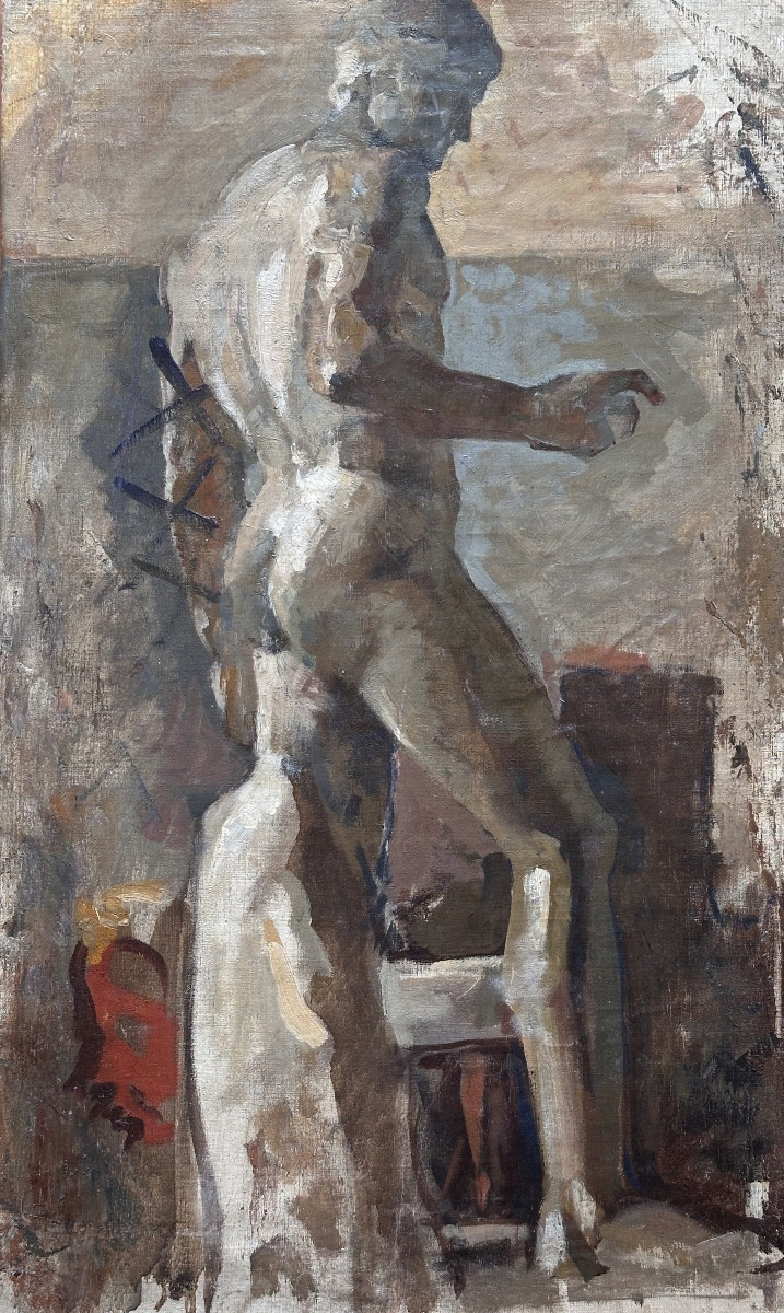 Modern Art Deco Painting Portrait Of A Man, Nude, Antique Sculpture In The Jean Terles Workshop