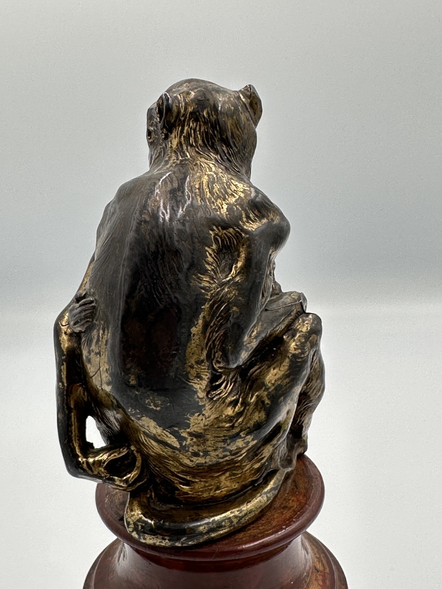 Animal Watch Holder Monkey Guenon And Its Cub Patinated Metal Gilded Bronze-photo-2