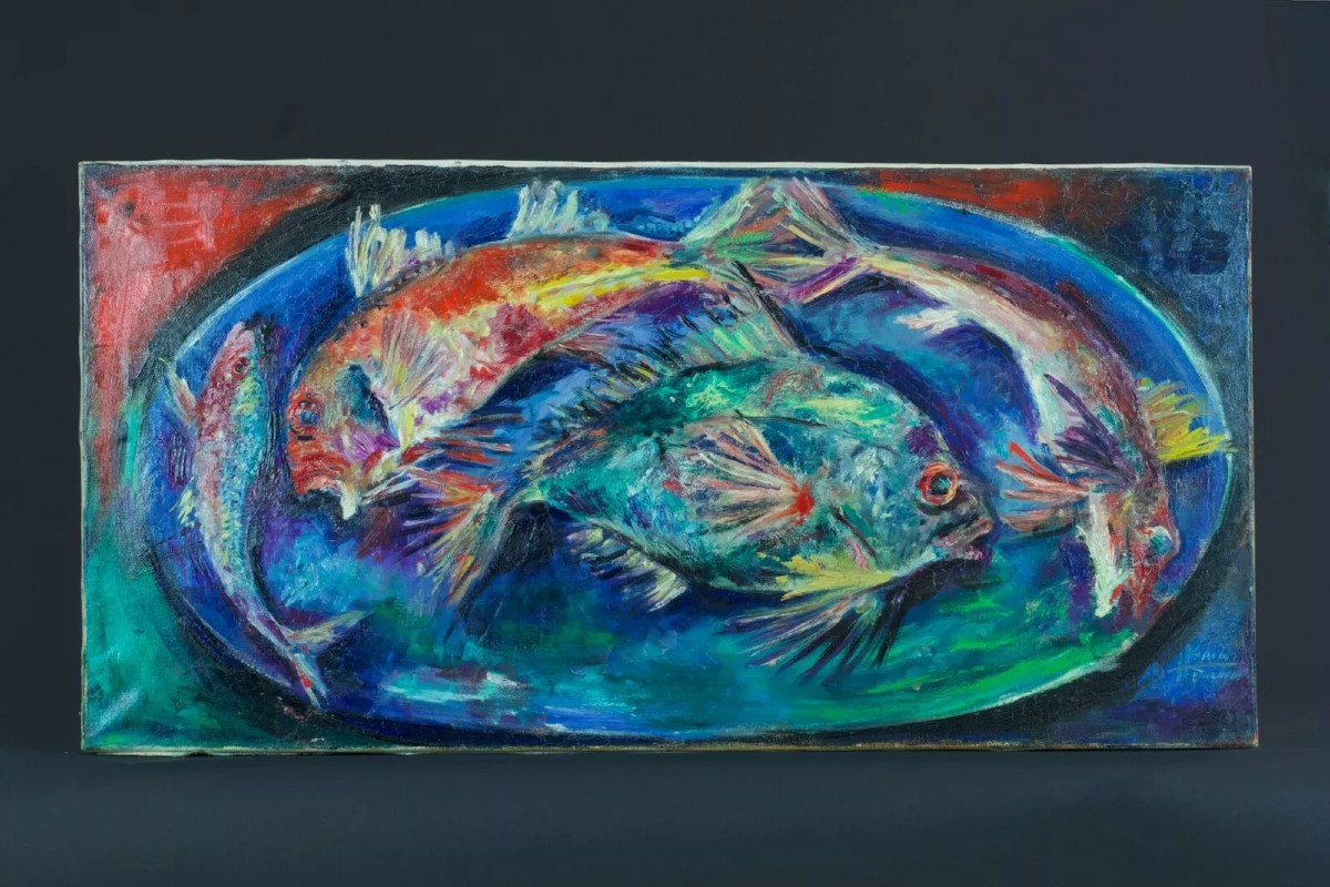 Tableau ancien Marine nature morte aux poissons plat cuisine retour de Pêche Saint Blancat 