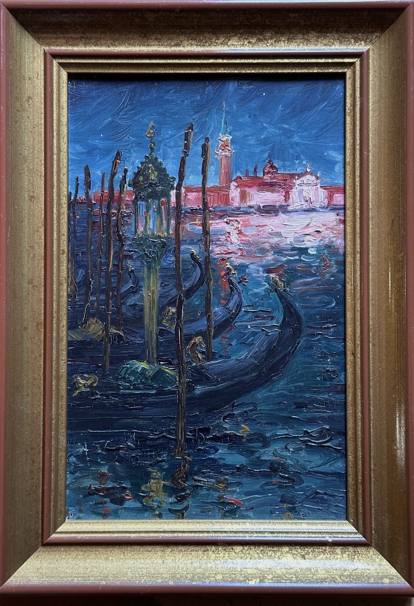 Tableau marine Venise Lagune Lanterne Art Nouveau port gondole 1910 x 2 protocole consul -photo-1