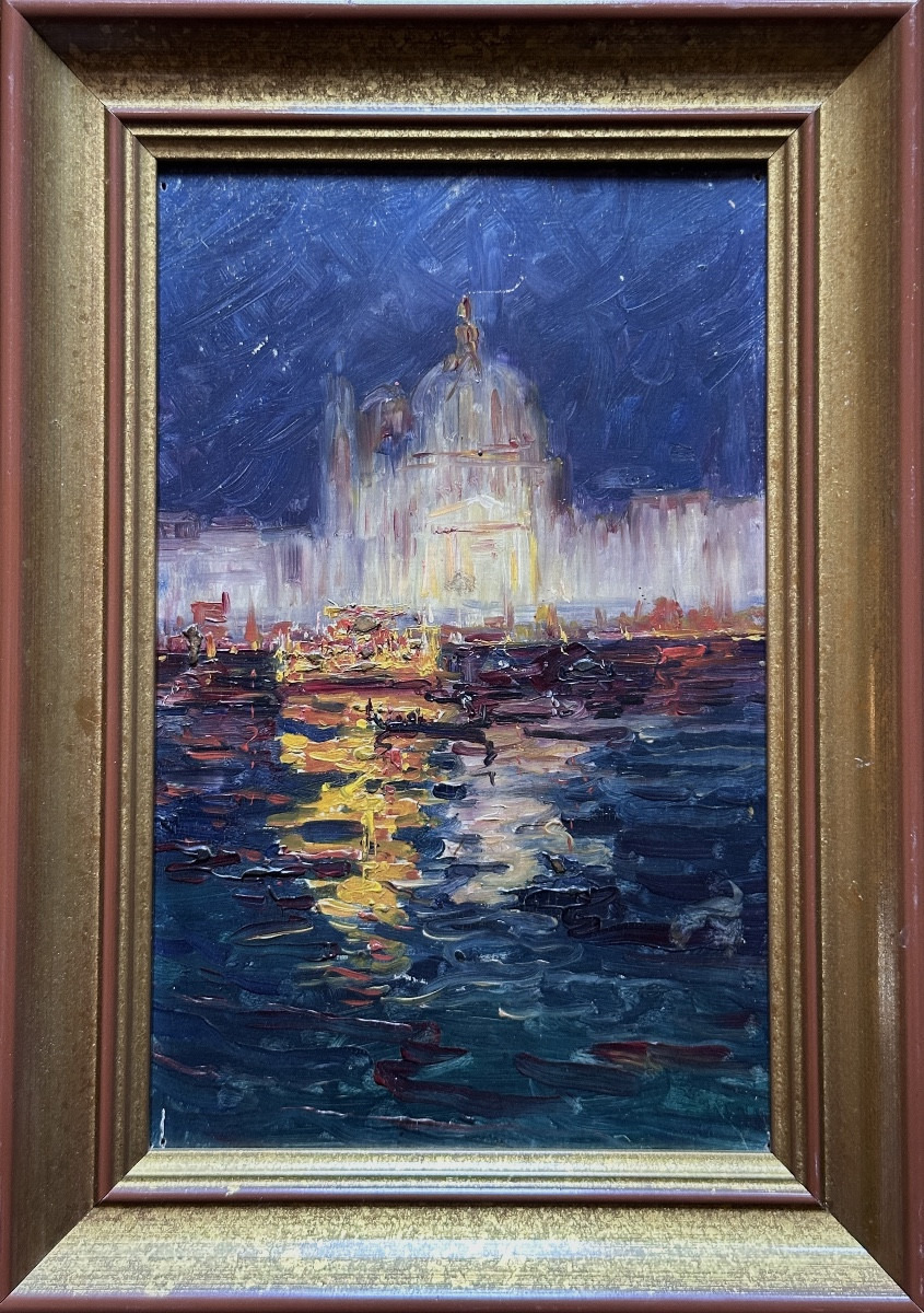 Tableau marine Venise Lagune Lanterne Art Nouveau port gondole 1910 x 2 protocole consul -photo-2
