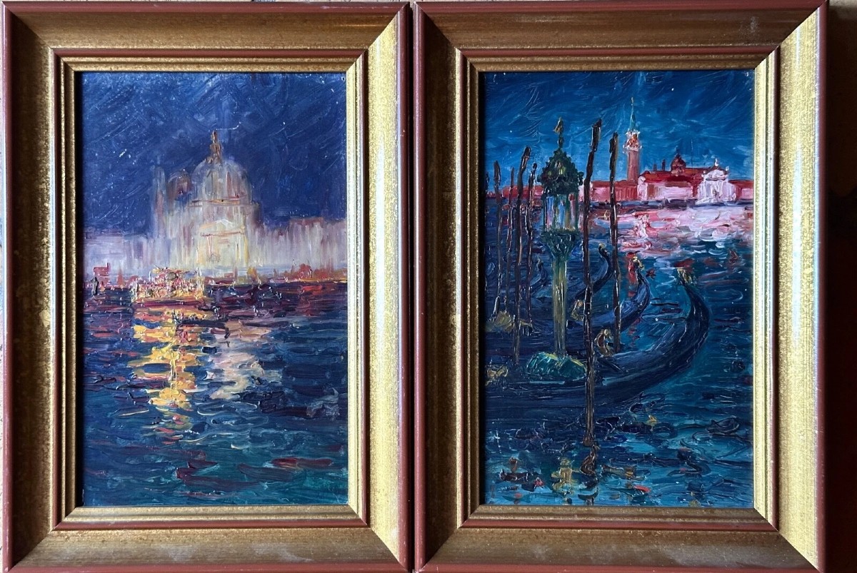 Tableau marine Venise Lagune Lanterne Art Nouveau port gondole 1910 x 2 protocole consul 