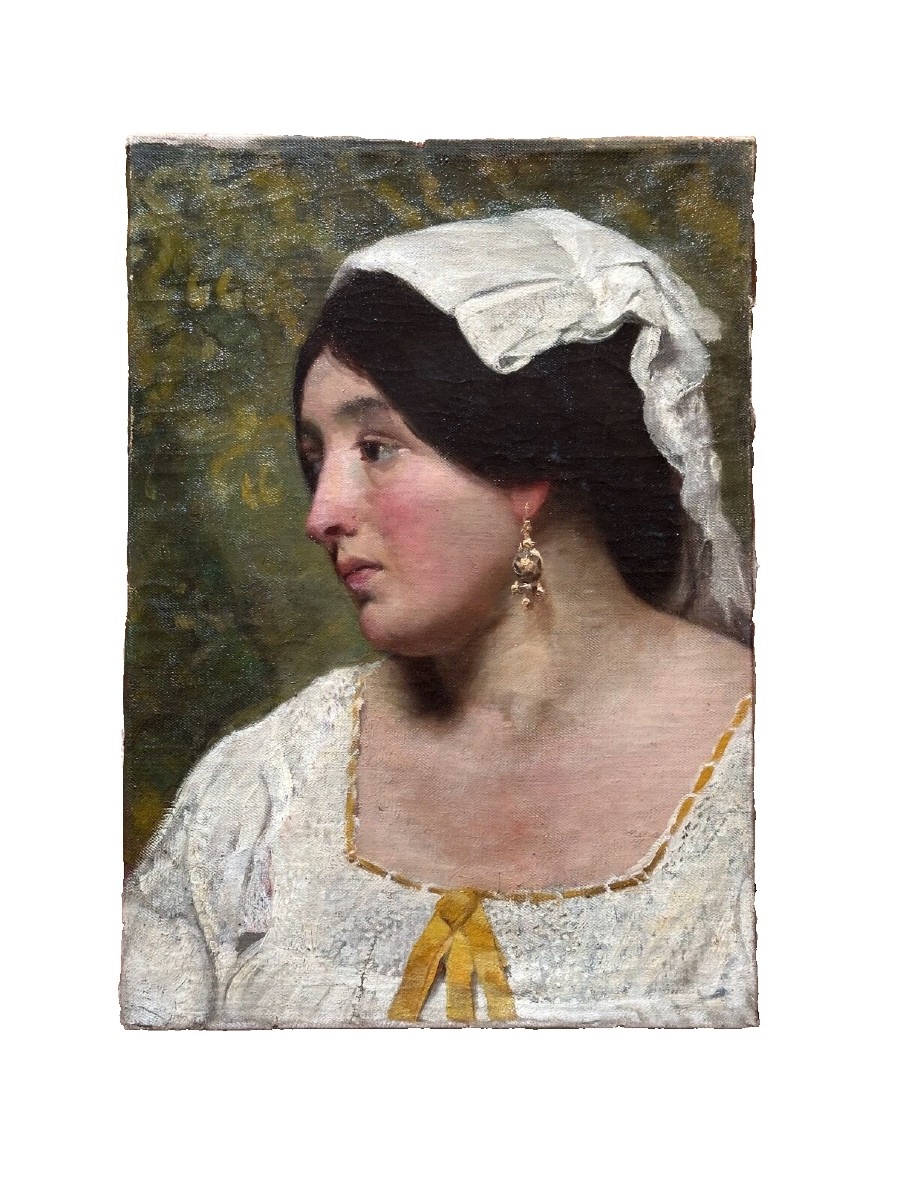 Beau Tableau ancien portrait de jeune femme Brune Napolitaine Naples Italie 19e-photo-2